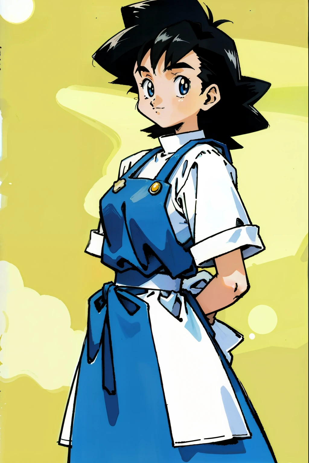 by Ken Sugimori, sugimori 1990s, ((only 1woman)), gardener, middle-aged, apron ((hands behind their back)), full black pupils, manga, best quality, highly detailed, clean lines, cowboy shot, good hands, good eyes, hd, 8k, professional, symmetrical, hires, 8k,