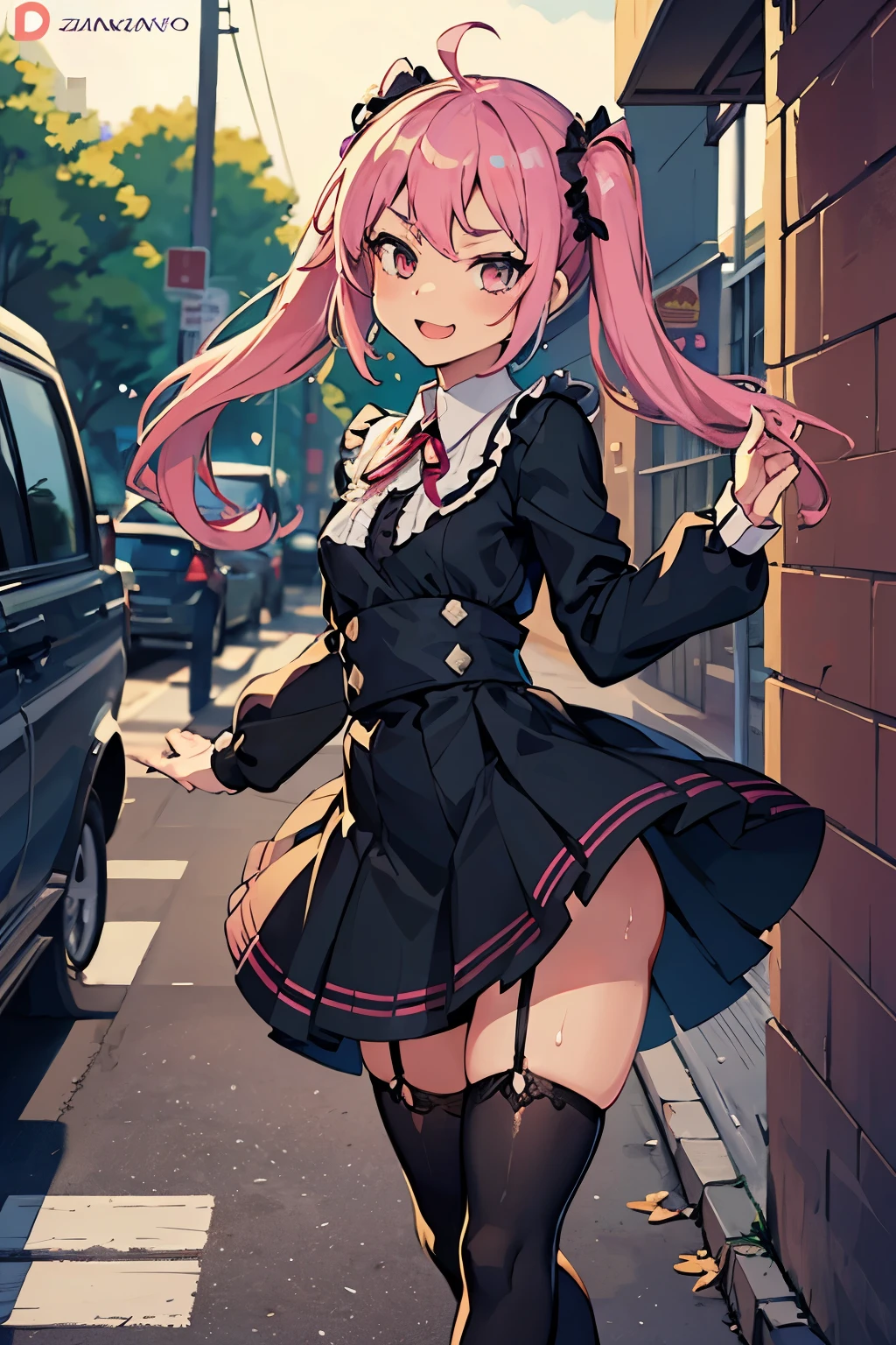 Girl with pink hair, long twin-tail hairstyle, small bushy eyebrows, wearing gothic ta clothing, loli(Zankuro) drawing style by zankuro artist, Zancrow style, image uploaded to R34, walking to school, flirty smile, suddenly having sex in public, doggy style sex, leaning against a sign on the street, being deeply penetrated, lifting her skirt to show her vagina wet with semen