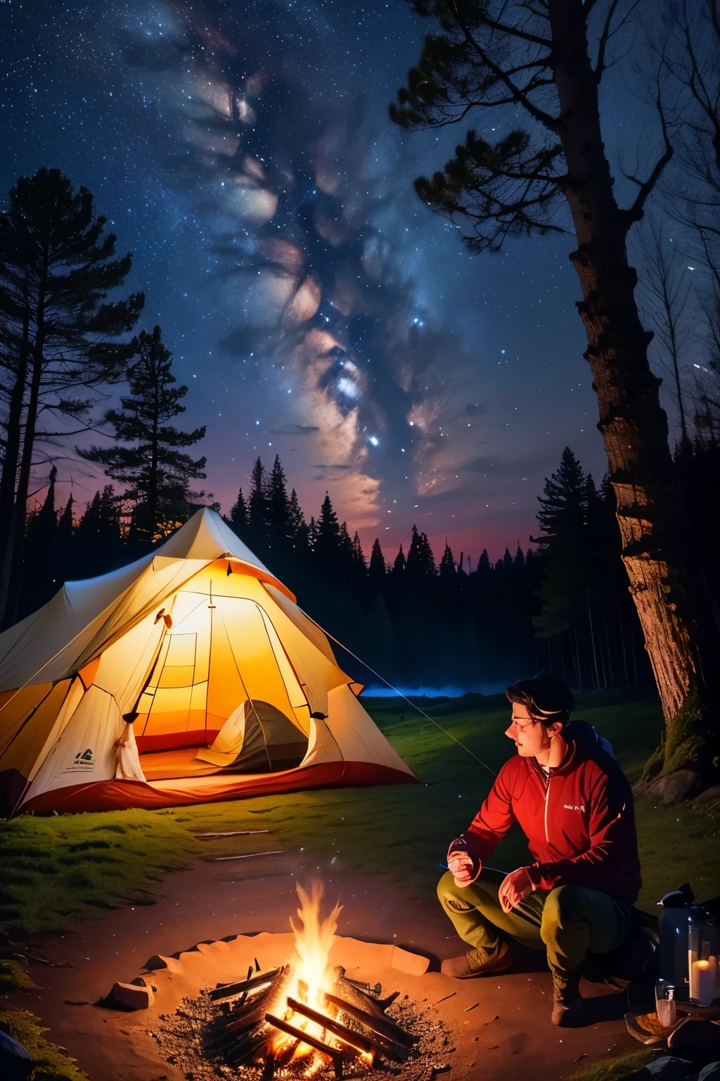 
"In the stillness of the woods at night, the bonfire flame dances, creating a peaceful scene around our humble camping tent. This moment connects us to nature and the tranquility of the night, as we create precious memories under the twinkle of the stars."

