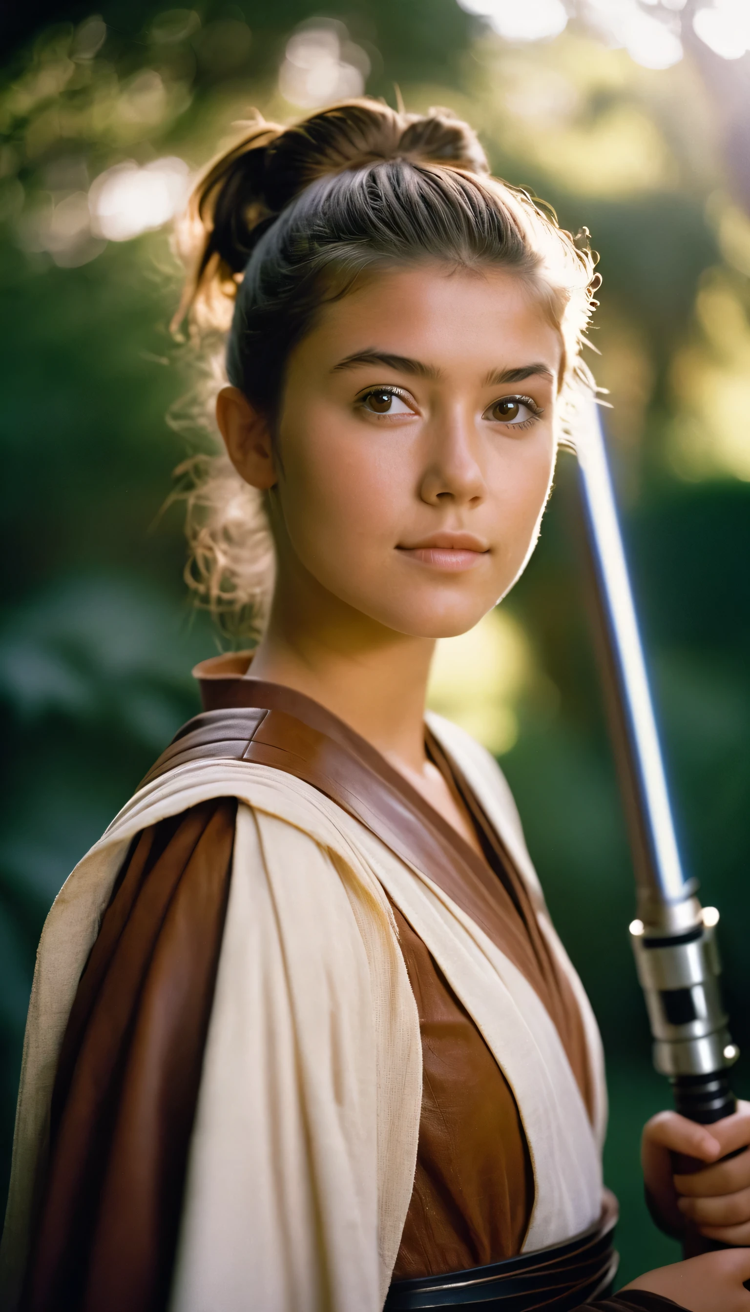 analog film photo, photo of a young padawan girl, 18 years-old, (leather Jedi tunic:1.1), brown eyes, messy ponytail, light-brown sun-tanned skin, pretty, natural beauty, resembles a young Mary Elizabeth Winstead, Jedi temple gardens, lightsaber, RAW Photograph, dslr, soft lighting, high quality, film grain, Fujifilm XT3, detailed skin with visible pores, insane details, masterpiece, 8k, 35mm photograph, dslr, kodachrome, faded film, desaturated, 35mm photo, grainy, vintage, Kodachrome, Lomography, stained, highly detailed, found footage, full-body