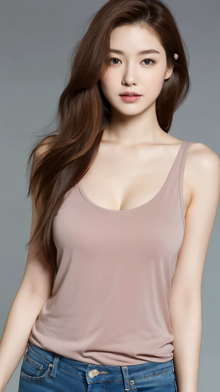 (lively, High resolution:1.3), 1 Girl with perfect body, very detailed face and eyes,long hair, random color tank top:1.2, short jeans, big ,Nude exposing cleavage