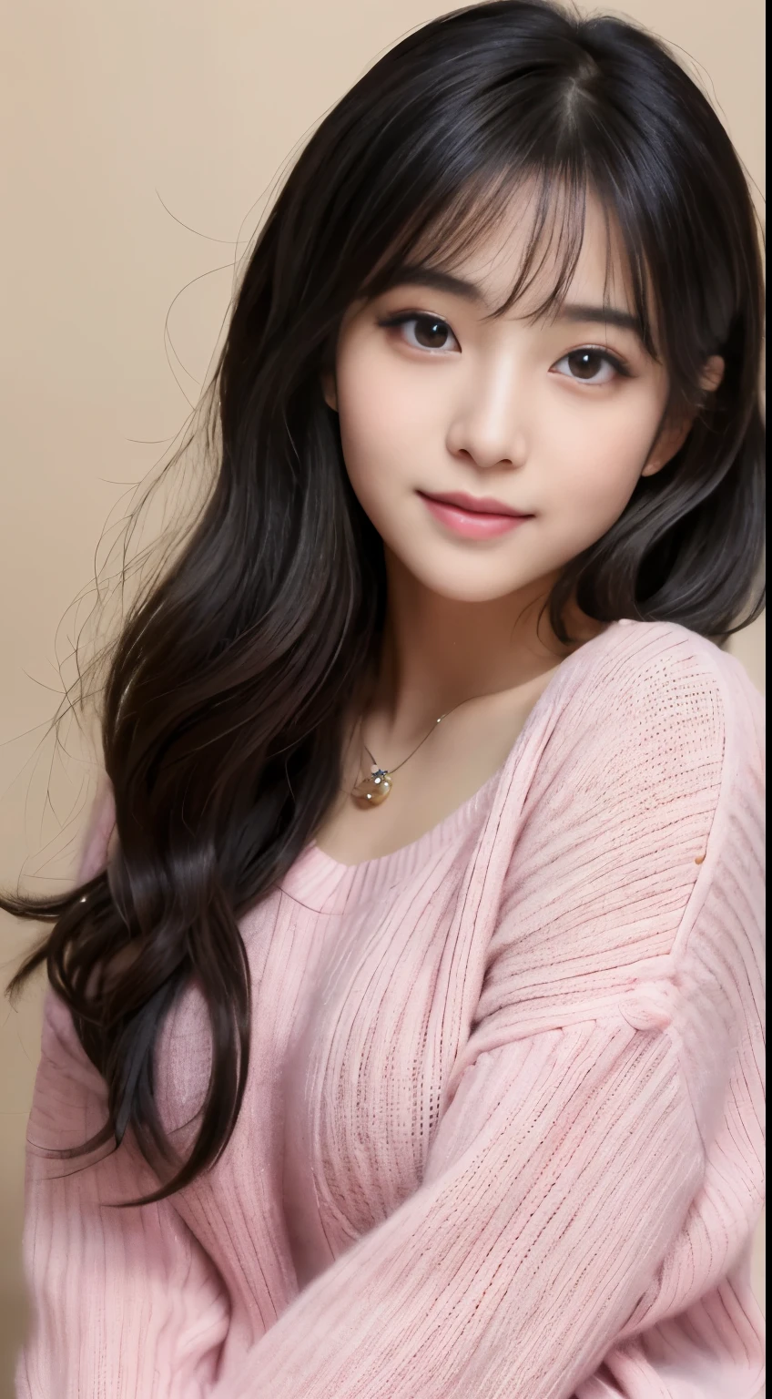 ((Best-quality, Masterpiece, Ultra-High-Resolution, (Photorealistic:1.9), Raw-Photo, Extremely-Details, Perfect-Anatomy)), 1girl, 25-years-old, the most popular Japanese idol, close-up of face, twinkle-smile, (((((extremely cute face like a most famous Japanese idol, extremely beautiful extremely big-black-eyes, extremely beautiful hair))))), extremely beautiful lips, extremely beautiful long-eyelashes, (extremely beautiful realistic-skins), wearing only light-pink loose-sweater