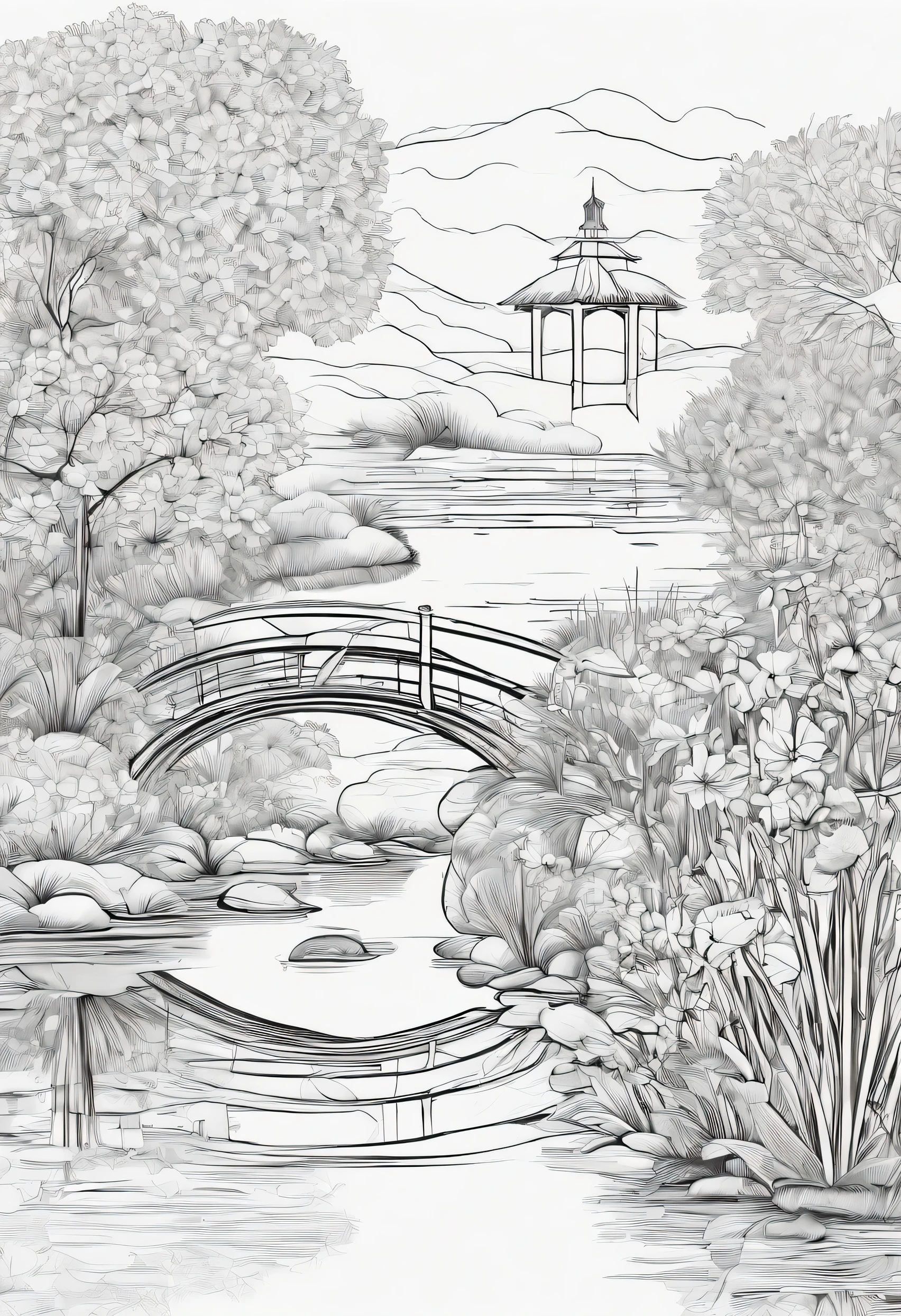 Mistical Flower Garden Retreat: create a peaceful garden with flowers filled with animals playing and a small bridge over water with gazebo