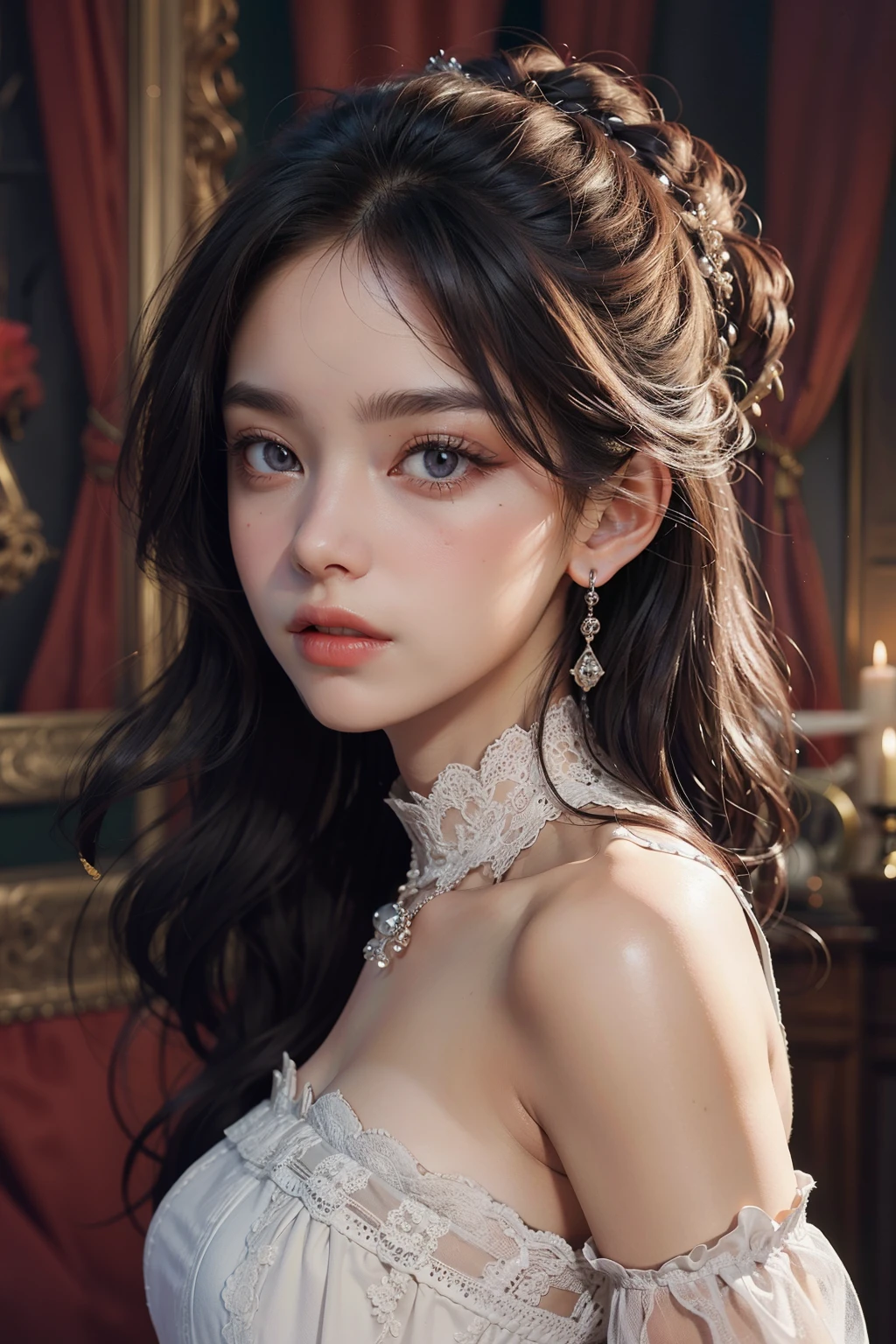 ((best quality)), ((masterpiece)), (detailed), perfect face, 1 woman wearing a dress, Photo zone with red or violet colored curtains, detailed dress,