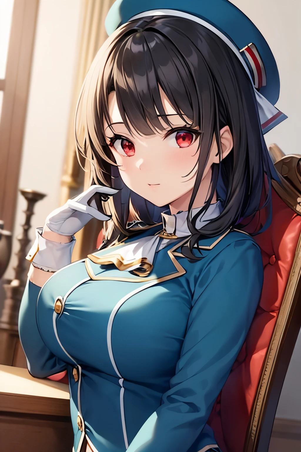 (masterpiece, best quality:1.2),illustration,8k,hd,1girl,solo,upper body,(portrait:1.2),takao \(kancolle\),black hair,red eyes,short hair,large breasts,long sleeves,hat,black gloves,black thighhighs,miniskirt,blue skirt,military uniform,beret,garter straps,blue jacket,blue headwear,pencil skirt