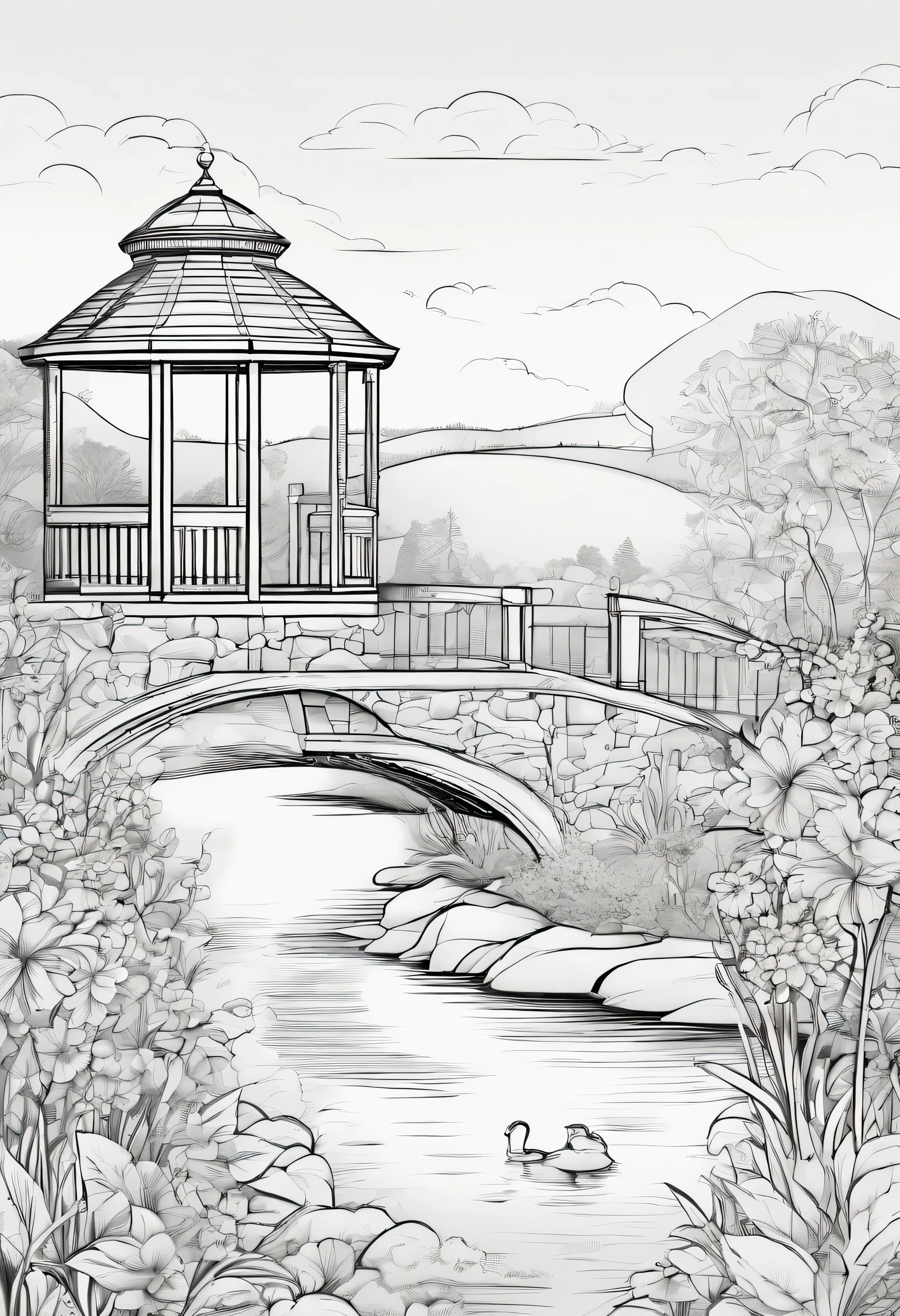 Mistical Flower Garden Retreat: create a peaceful garden with flowers filled with animals playing and a small bridge over water with gazebo