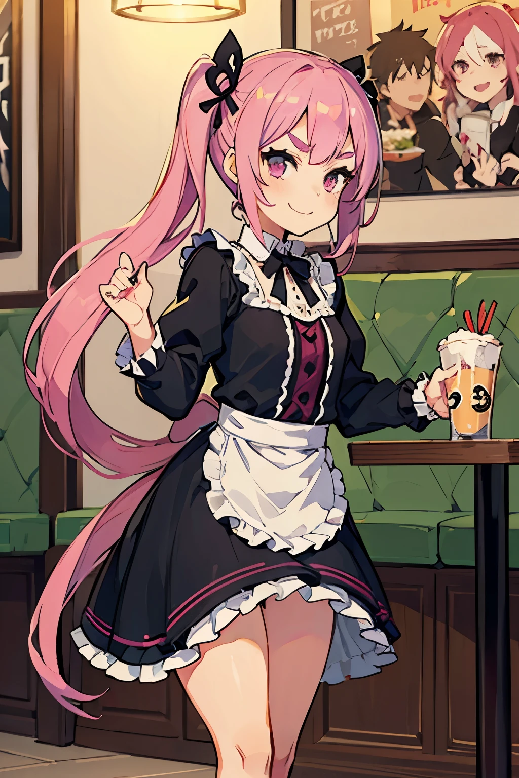 young girl with pink hair long twin-tail hairstyle, small thick eyebrows, with gothic lolita clothes, lolicon (Zankuro) drawing style of the zankuro artist, Zancrow style, image uploaded to R34, walking in the mall, flirty smile , suddenly having sex in public, doggy style sex , ((public sex in restaurant))