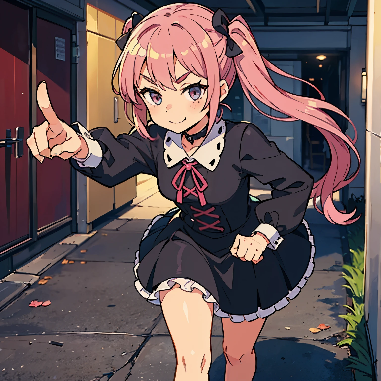 Girl with pink hair, long twin-tail hairstyle, small bushy eyebrows, wearing gothic ta clothing, loli(Zankuro) drawing style by zankuro artist, Zancrow style, image uploaded to R34, walking to school, flirty smile, suddenly having sex in public, pointing to a motel