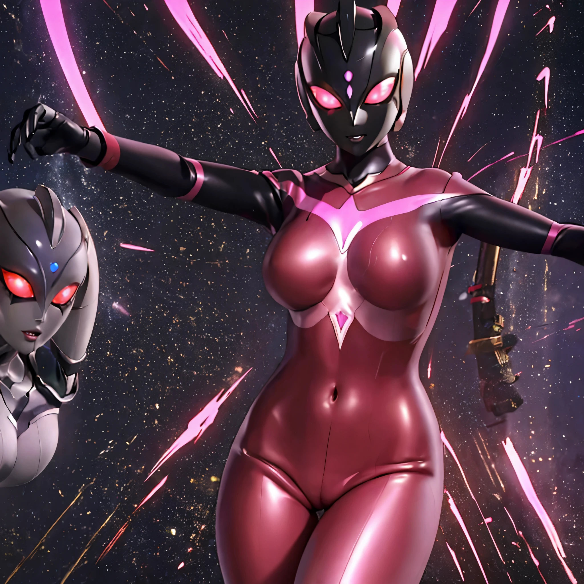 Ultraman Woman, （High quality）（The sheen）Covering her naked face with a black mask, Female Solo, Alien eyes shine。The whole body is covered with a black bodysuit, One female protagonist, Pink lines all over the body, Dark background,