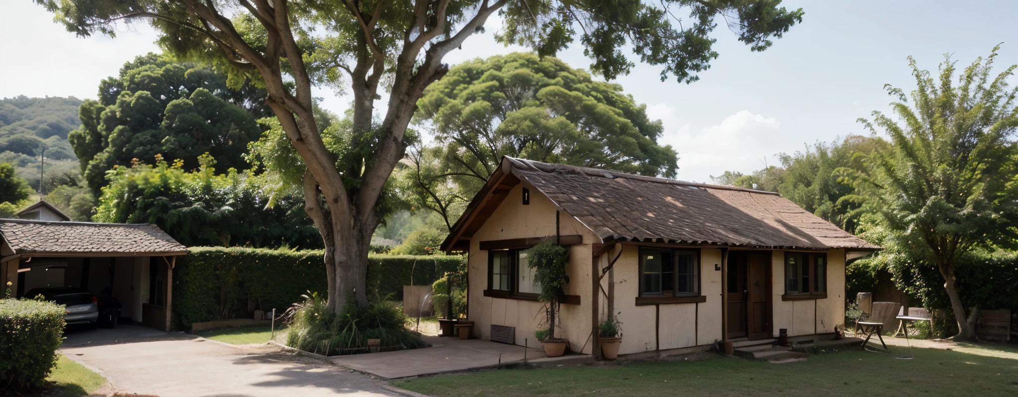 Crie uma uma casa de madeira rustica, com grandes arvores verdes ao fundo
