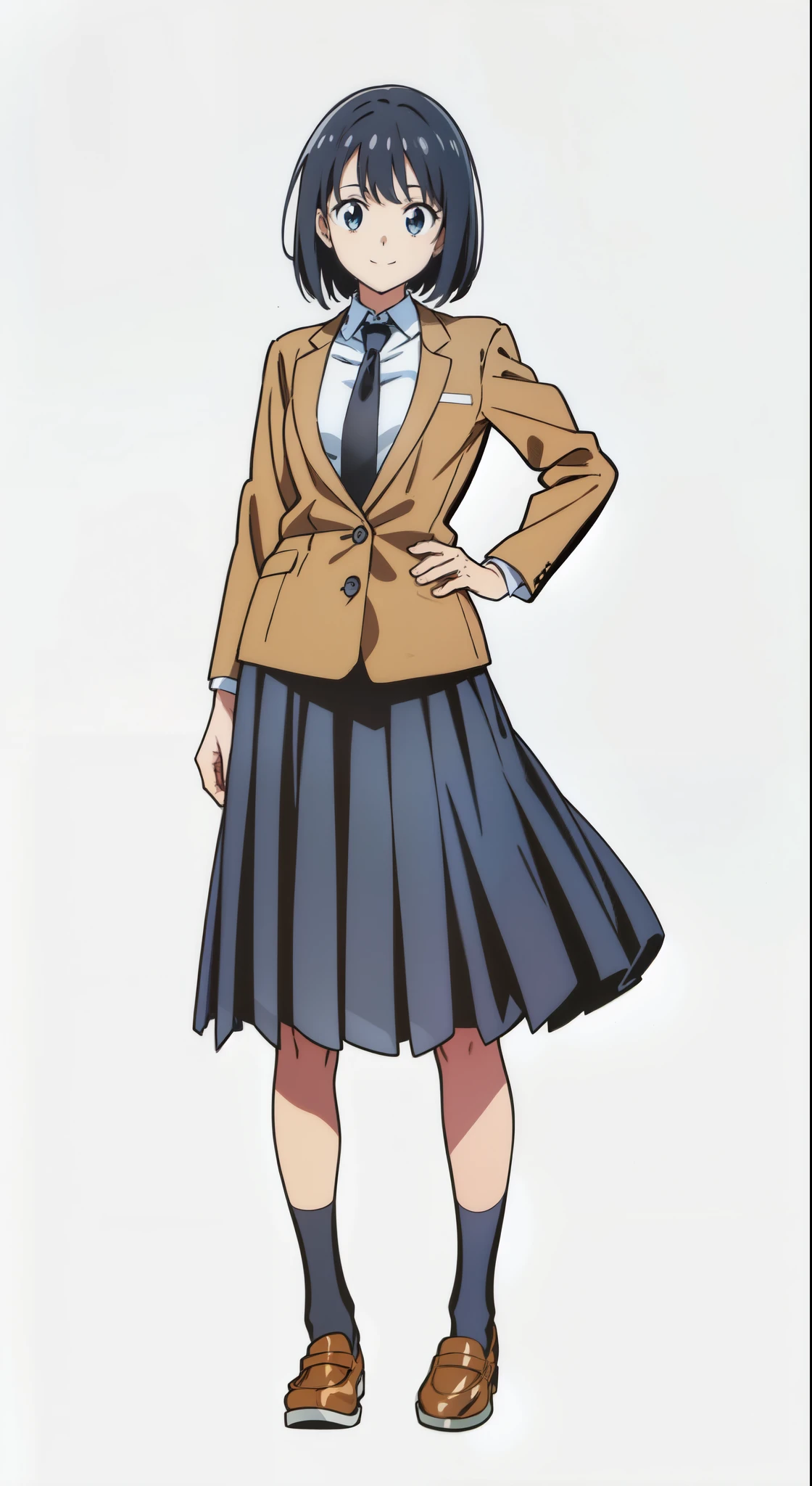 (best quality:1.0), (masterpiece:1.0), (super fine illustration:1.0), (beautiful artwork:1.0), (anime screencap:1.0), (official art:1.0), (tareme:1.5), (cheerful:1.5), (light smile:1.5), (white background:1.0), (best quality:1.0), (masterpiece:1.0), (super fine illustration:1.0), (beautiful artwork:1.0), (anime screencap:1.0), (official art:1.0), (full body:1.0), (solo:1.0), (HSGA:1.0), (a 18yo cute girl:1.0), (long skirt:1.0), (dark blue skirt:1.0), (pleated skirt:1.0), (school uniform beige blazer:1.0), (dark blue necktie:1.0), (loafers:1.0), (black socks:1.0), (ideal ratio body proportions:1.0), (lanky:1.0), (tall:1.0), (slender:1.0), (small breasts:1.0), (smaller face:1.0), (tareme:1.0), (detailed beautiful eyes:1.0), (detailed beautiful face:1.0), (glowing black eyes:1.0), (bob cut hair:1.0), (black hair:1.0), (standing:1.0), (looking at viewer:1.0)