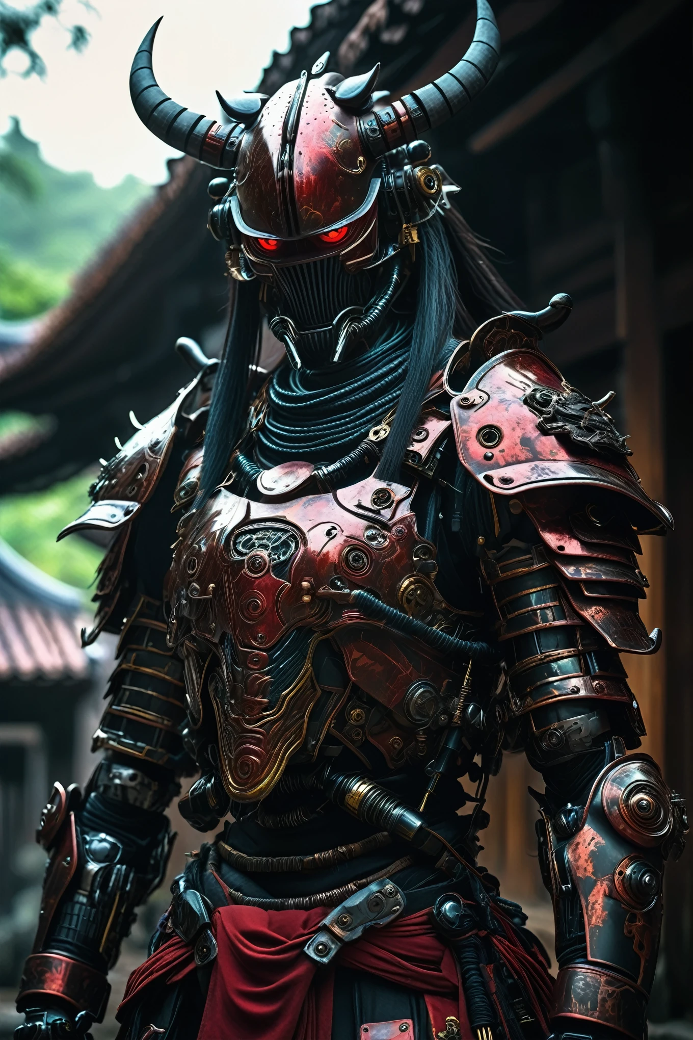 analog photo, hyper realistic, inspired by Beksinski, shot on Canon EOS 1D X Mark III, masterpiece, Equatorial Guinea Samurai cyborg robotic demon warrior, samurai cyberpunk armor, dynamic action pose,  built of metal red gilded armor, intrincate details, in  old village scene, biomechanical, mechanical parts, chiaroscuro ,  hyper realistic
biomechanoid organic structures, aesthetic portrait, Fantasy Dream Art, Shadow play, light, mist, moody,  mysterious, glossy hair, earthy, vivid,  cinematic, Film light, Hyper detailed, Hyper realistic, masterpiece, atmospheric, High resolution, Vibrant, High contrast, dark angle,  8k, HDR, 500px