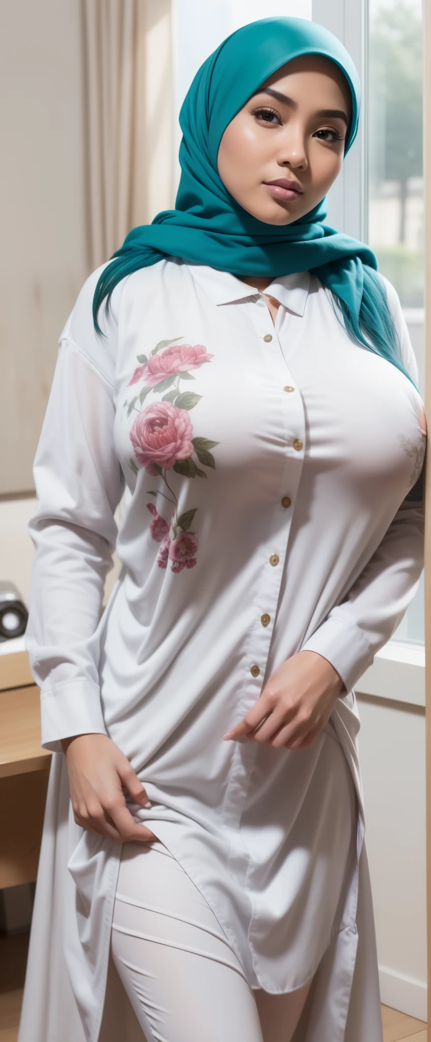 RAW, Best quality, high resolution, masterpiece: 1.3), beautiful Malay woman in hijab (iu:0.8),((big breast)), perfect nose,perfect lips, perfect eyes, detail :1.2), soft smile, standing in the park, big breast, full body photo, wearing simple tight clothes, jean, full body length, full body length shot, hijab, full body wide shot, full body portrait, full body ;, full height, olive green, full photogenic photo body, clothing photos, profile photos