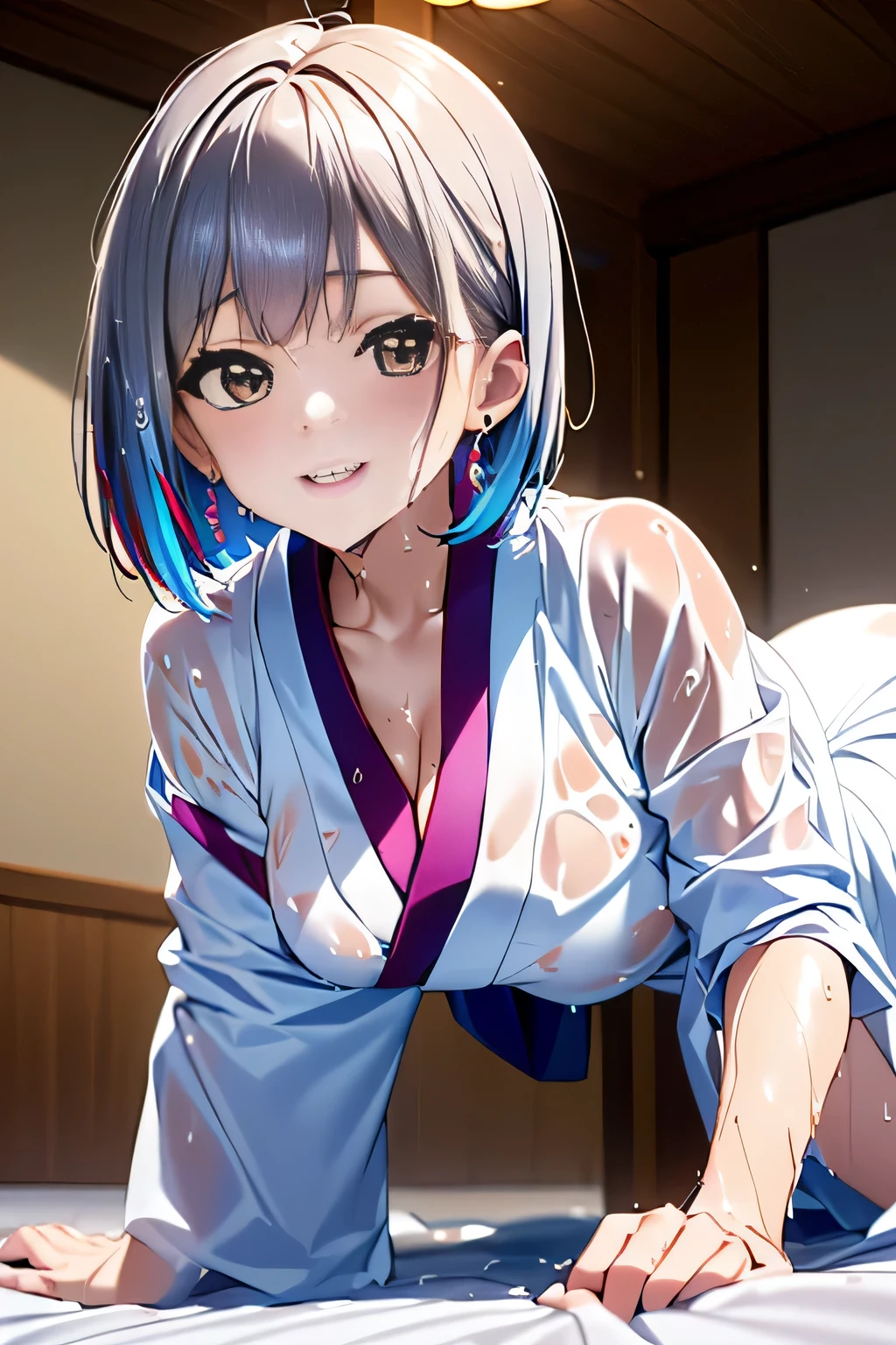 (Crawl on all fours on a futon in a Japanese-style room:1.7)(30 years old),(Fair skin:1.7),(Oversized white costume 3 sizes larger than a woman's's:1.7)、(Her neck is open and her wet pure white kimono is visible..:1.7)、(Small breasts three times bigger than a wet pure white woman'A large white dress can be seen through the gap between her sagging chest.:1.3)、(sexy white costume:1.3)、(Oversized white costume 3 sizes larger than a woman's'Space between s and small breasts:1.3)、(Small breasts with glimpses of cleavage:1.3)、(very small breasts:1.7)、(very small breasts見せ: 1.3)(A smile full of happiness:1.3),(((emphasize small breasts:1.3))),(dynamic angle),(((Dynamic and sexy forward leaning posture:1.7))),(( (wet and shiny skin)))、extremely small breasts、Clothes flutter in strong winds、chest slip、one girl、hairpin、necklace、earrings、look up from below、pointed red mouth、cheeks turn red、he sees who is logged in,(shiny silver hair color,Colorful nape short hair with orange stripes),Tousled hair fluttering in the strong wind,look at the camera,(professional lighting),(8K,debris flies、highest quality、Ultra high resolution output image、)、Depth of written boundary、beautiful hands、beautiful fingers、Detailed functions of fingers、Detailed characteristics of hair、detailed facial features、Detailed characteristics of clothing、wet hair、wet body、wet costume、