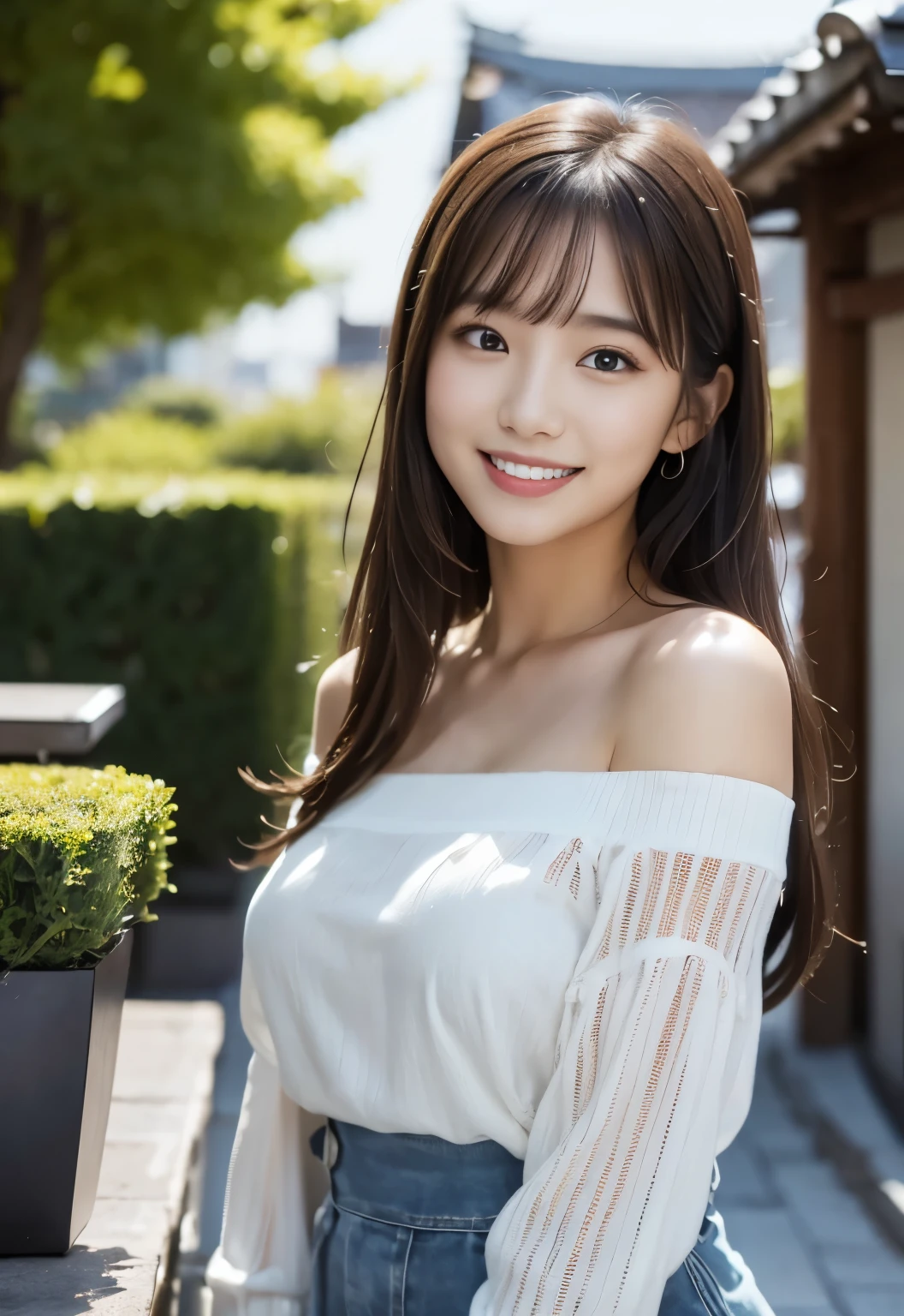 (((terrace:1.3, outdoor, Photographed from the front))), ((long hair:1.3, cap,off shoulder blouse, Smile,japanese woman,cute)), (clean, natural makeup), (highest quality, masterpiece:1.3, 超High resolution), (Super detailed, caustics), (realistic:1.4, RAW shooting), very detailed, High resolution, 16K resolution
