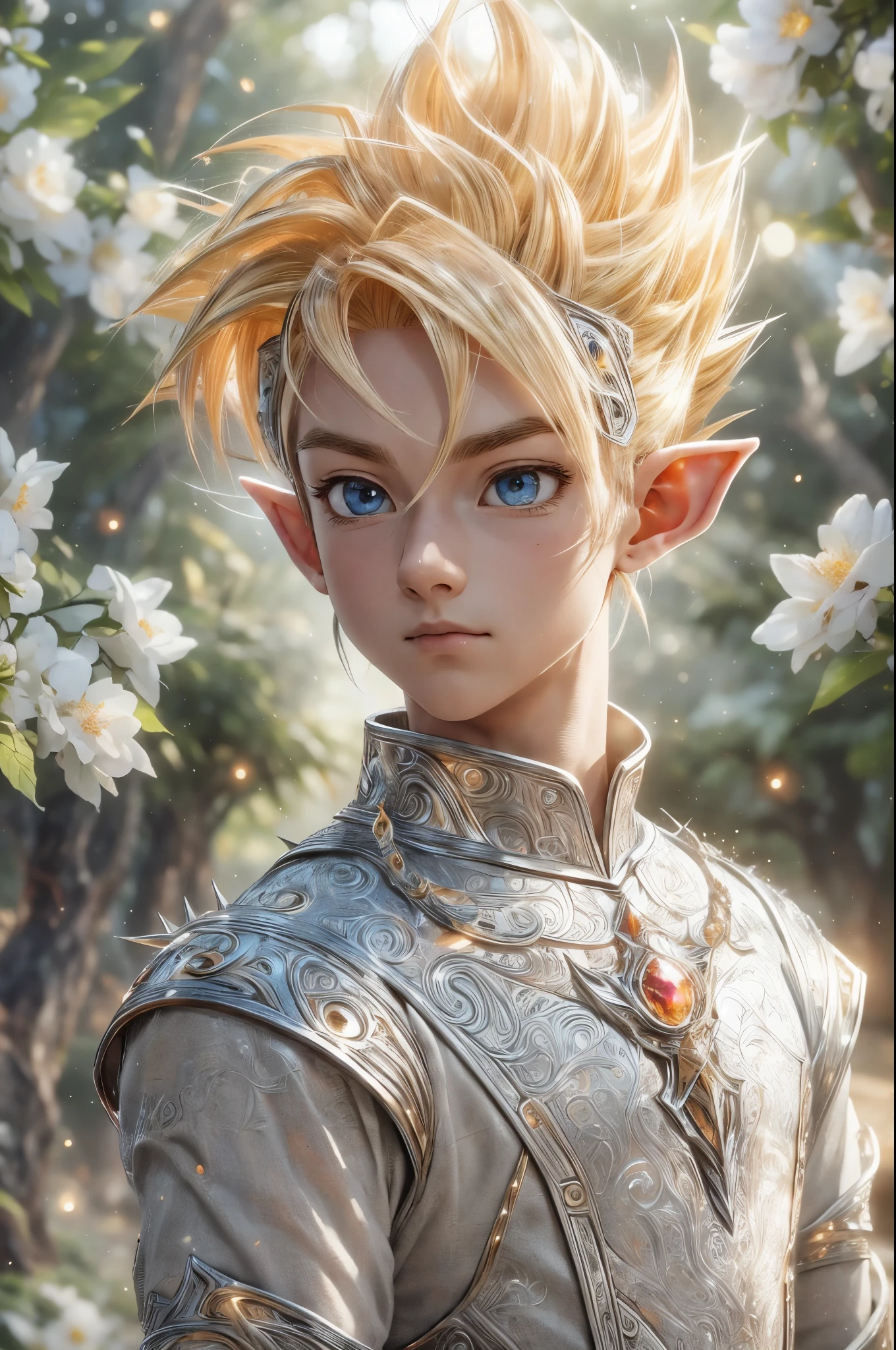 (master piece), 8k, best quality, panoramic view, full body, elf boy, childlike appearance, male, teenager, , 1.70 meters tall, white skin, thin body, pointed elf ears, beautiful finely detailed silver eyes, high forehead, spiky yellow blonde hair like Gohan from the anime dragon ball (super saiyan), Round face, highly detailed, sharp focus, Incredibly handsome, looking at camera, conservative elven outfit, conservative posture, in standing, calm appearance,