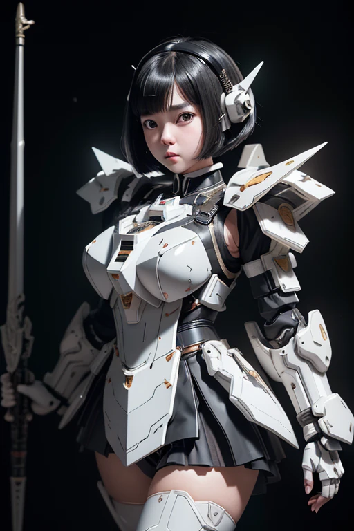 (highest quality)), ((masterpiece)), (very detailed: 1.3), 3D, {(japanese young girl)}, japanese girl wear gothic lolita clothes with white frills under armor,  wears a futuristic Gundam mecha,(Gundam), with headgear, with v-fin , armored shoulders,armored under arms, armored under legs,  multilayer textureperfect proportions, octane rendering, duotone lighting, Low ISO, wide aperture, White balance, Rule of thirds, ultra HD16k, HDR (High Dynamic Range), Ray Tracing, NVIDIA RTX, Super Resolution, Subsurface Scattering, PBR Texturing, Post Processing, Anisotropic Filtering, Depth of Field, Maximum Clarity and Clarity, High efficiency subpixel, subpixel convolution, particles of light, light scattered, Tyndall effect, full body:1.5, battle pose, cute, (cute:1.2), (bob cut:1.3),Braid, black hair, thick eyebrows, light colored iris, big, shining black eyes, long eyelashes, small, pale natural lips, (Average face of Japanese idols), ( face unique to Japanese people:1.3), (babyide forehead:1.2, plump cheeks, small chin, visible side boob, (holding huge weapon:1.2), has an oversized shield, in the hangar,looking at viewer,Focus on the eyes 