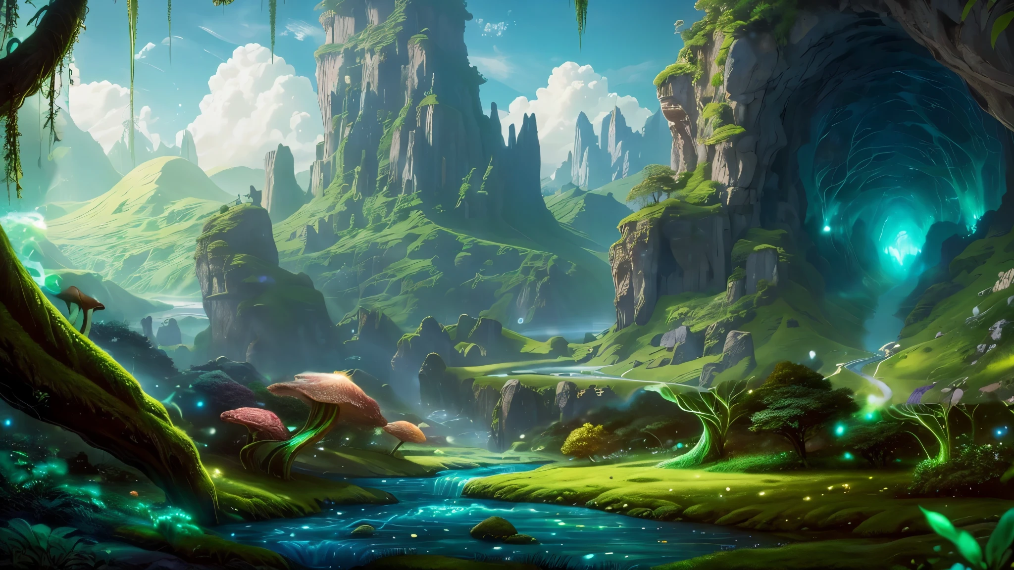 Masterpiece, best quality, 8k, panoramic view, enchanted forest, magical majestic trees, colorful mushrooms, serene rivers, glowing plants, ethereal atmosphere, ethereal light, fantastic creatures,