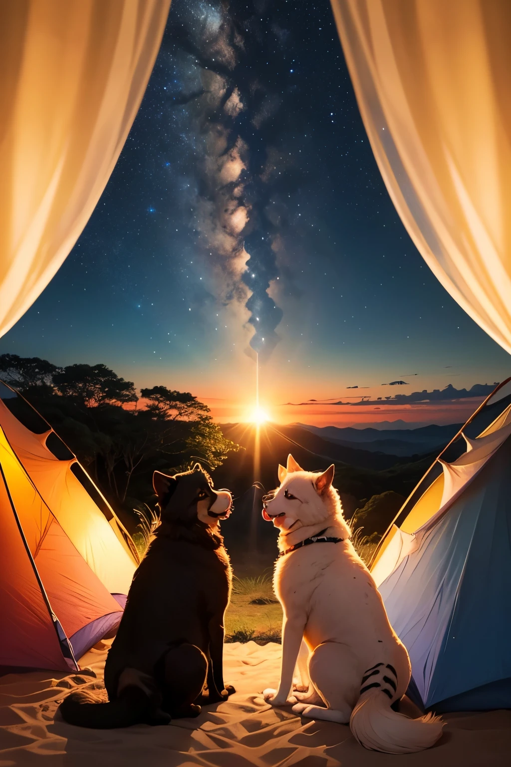 "Em uma escapada planejada com entusiasmo, a group of friends set up camp in the heart of a secluded forest, look forward to enjoying a night under a starry sky. As the sun sets, eles erguem suas barracas e acendem uma fogueira, cujo crepitar aquece suas conversas animadas. As the night progresses, the sky turns into a celestial spectacle, repleto de estrelas cintilantes e uma lua brilhante. Reunidos ao redor da fogueira, share stories, laughter and moments of connection, imersos na beleza e serenidade da natureza. It's a night marked by the magic of friendship, by contemplation of the universe and gratitude for the ties that unite them under the shine of the stars."