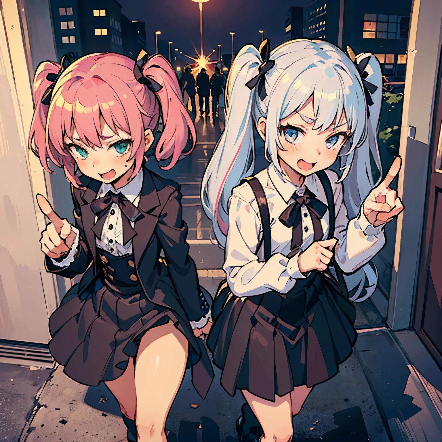 Girl with pink hair, long twin-tail hairstyle, small bushy eyebrows, wearing gothic ta clothing, loli(Zankuro) drawing style by zankuro artist, Zancrow style, image uploaded to R34, walking to school, flirty smile, suddenly having sex in public, pointing to a motel