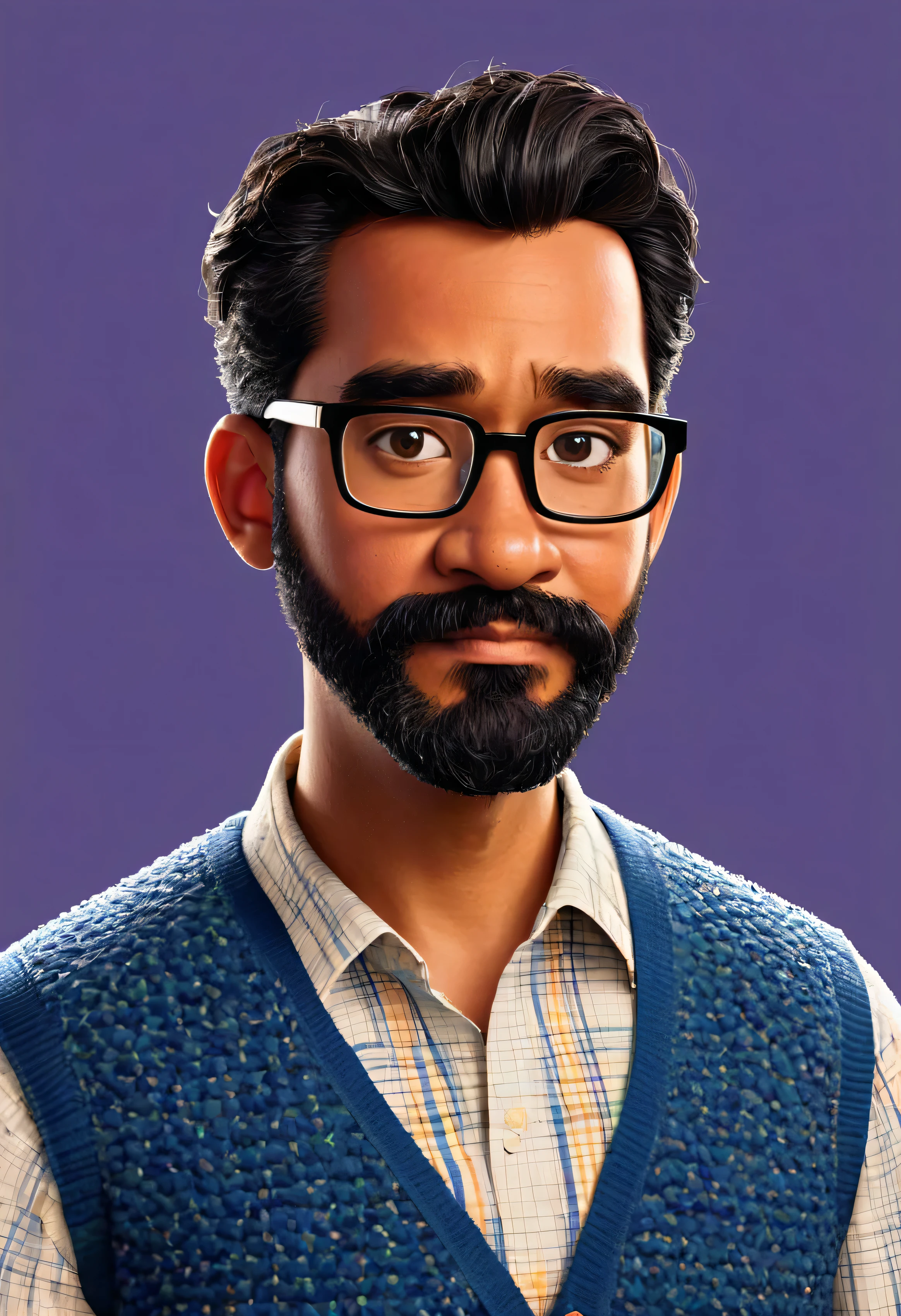 Draw a male Disney-pixar character in Disney pixel art cartoon style that matches the description provided. dark-skinned man of around 49 years old, with a serious and mature expression. His face displays a beard without a mustache and wears glasses. His hair is short and close to his head. He has a height of approximately 173 centimeters and weighs around 76 kilograms. Dress him in classic and elegant clothes, highlighting his seriousness and maturity. Make sure that the strokes and details of the drawing are in keeping with the pixelated style characteristic of Disney art. The background should complement the character, highlighting him as the main focus of the image.