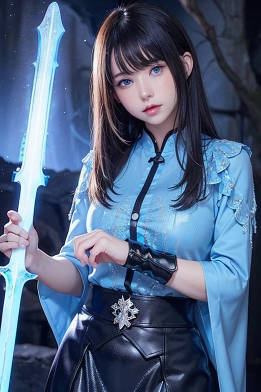 dark cave background、Watery blue eyes that glow in the dark、
((masterpiece))、((top-quality))、beautiful girl with a cold face、Holds up a sword that emits blue light