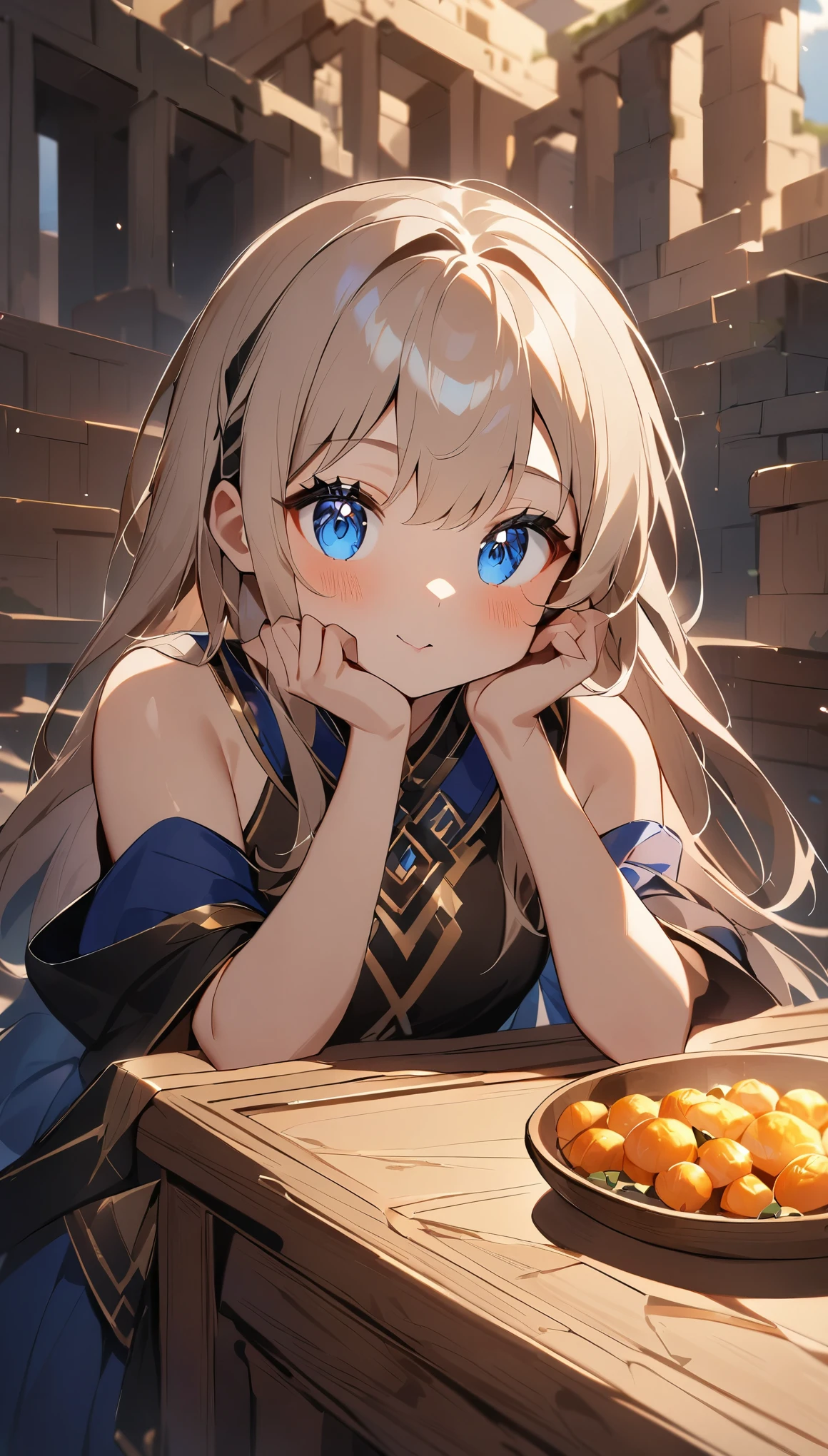 highest quality, table top, High resolution, (((1 girl))), 16 years old,anime style、cute face、An ennui look、small nose、plump lips、baby face、small breasts、small breasts、Tyndall effect, shadow studio, rim lighting, dual tone lighting, master piece:1.5、The background is ancient ruins in Greece、blue sky、sunny、