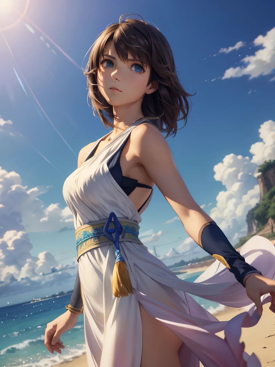 Fantasia final (Yuna) Garota anime com cabelo castanho e um vestido quimono branco segurando seu colar, linda pintura de personagem, arte CG de anime suave, Estilo de arte anime realista, lindo retrato de anime, linda mulher de anime, Photorealistic rendering of anime girl, Makoto Shinkai e Artgerm, estilo de anime 3D realista, Estilo de realismo de anime,  arte digital estilo anime, linda garota de anime