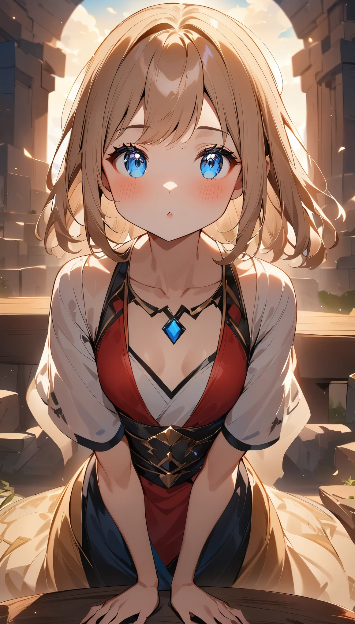 highest quality, table top, High resolution, (((1 girl))), ,anime style、cute face、An ennui look、small nose、plump lips、baby face、smts、small breasts、Tyndall effect, shadow studio, rim lighting, dual tone lighting, master piece:1.5、The background is ancient ruins in Greece、blue sky、sunny、