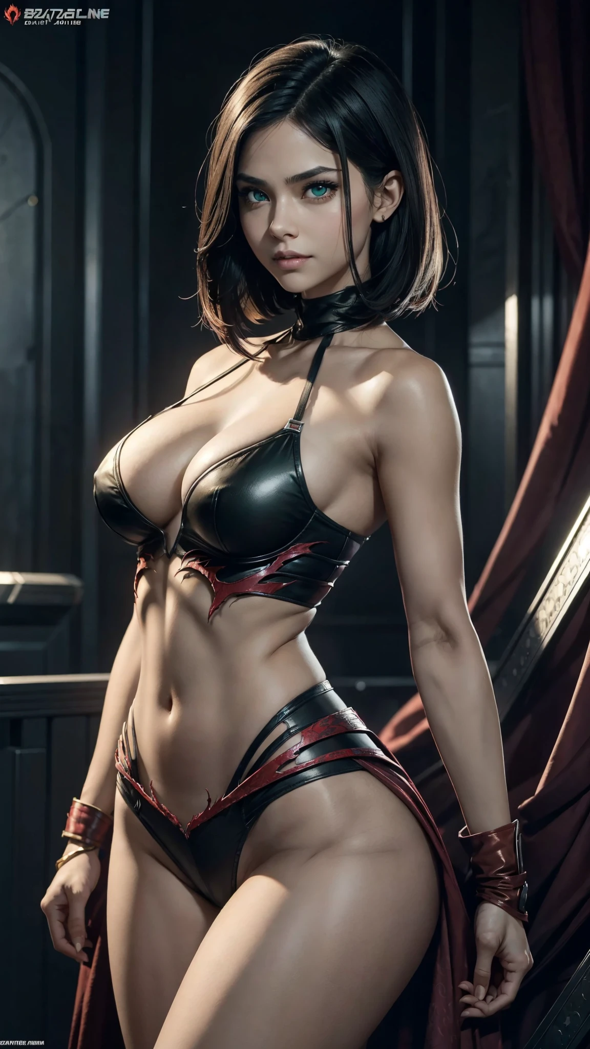 a female, juvenile version of the Marvel Carnage character, extremely beautiful, the most beautiful in the whole world, very big eyes, very green irises, very full lips, straight hair, short hair, very thin waist, very flat stomach, micro breasts, very wide hips , very thick thighs, small hands, very detailed face, intrinsic details, (always repeat the same face), (always repeat the same appearance), (always repeat the same proportions), (always repeat the same clothes), looking at the camera, completely alone, always shown full body, sinister smile, very hot