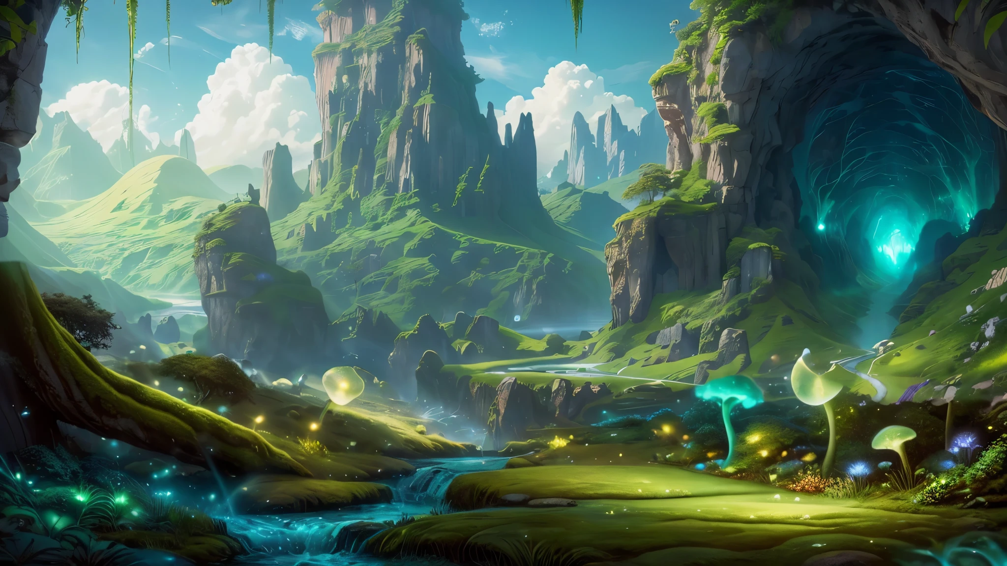 Masterpiece, best quality, 8k, panoramic view, enchanted forest, magical majestic trees, colorful mushrooms, serene rivers, glowing plants, ethereal atmosphere, ethereal light, fantastic creatures,