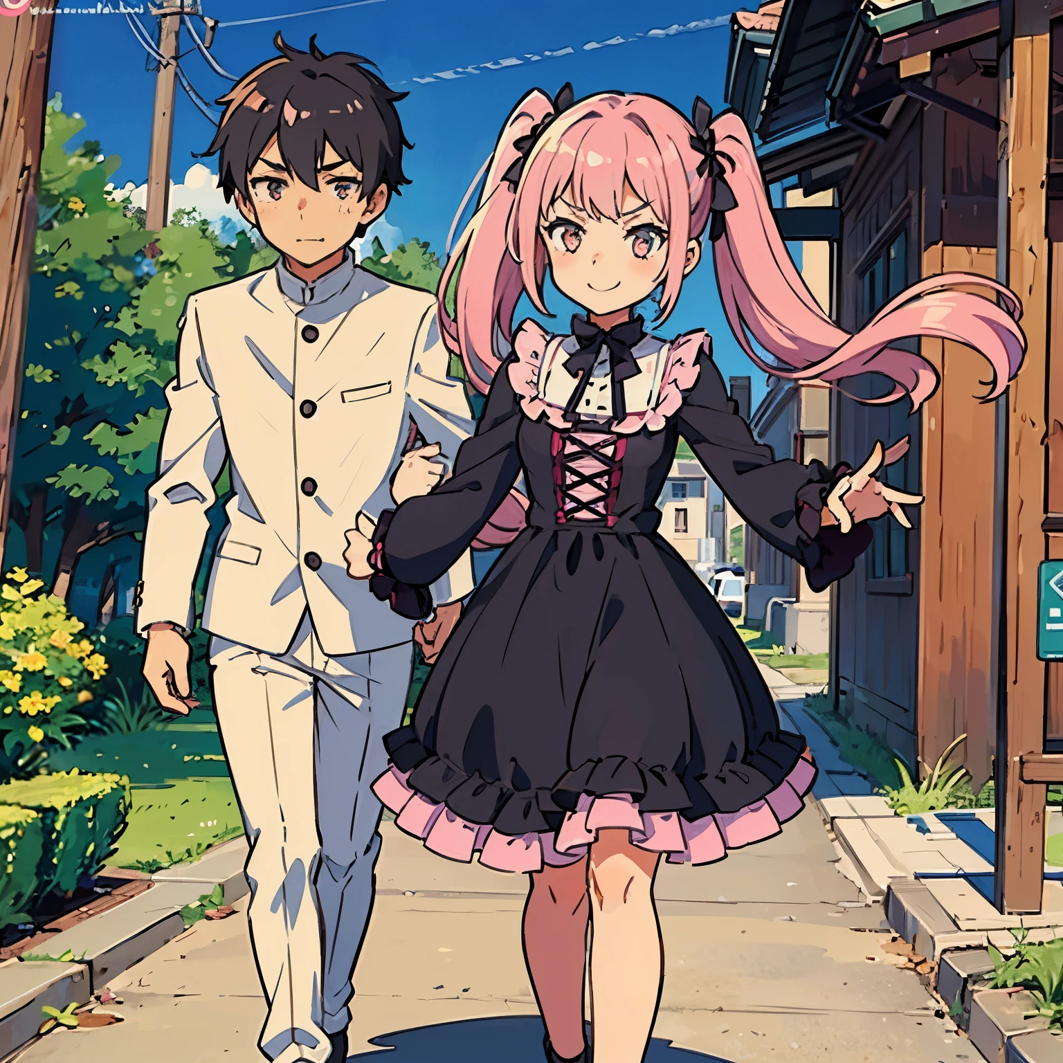 Girl with pink hair, long twin-tail hairstyle, small bushy eyebrows, wearing gothic lolita clothing, lolicon (Zankuro) drawing style by zankuro artist, Zancrow style, image uploaded to R34, walking to school, flirty smile, suddenly having sex in public