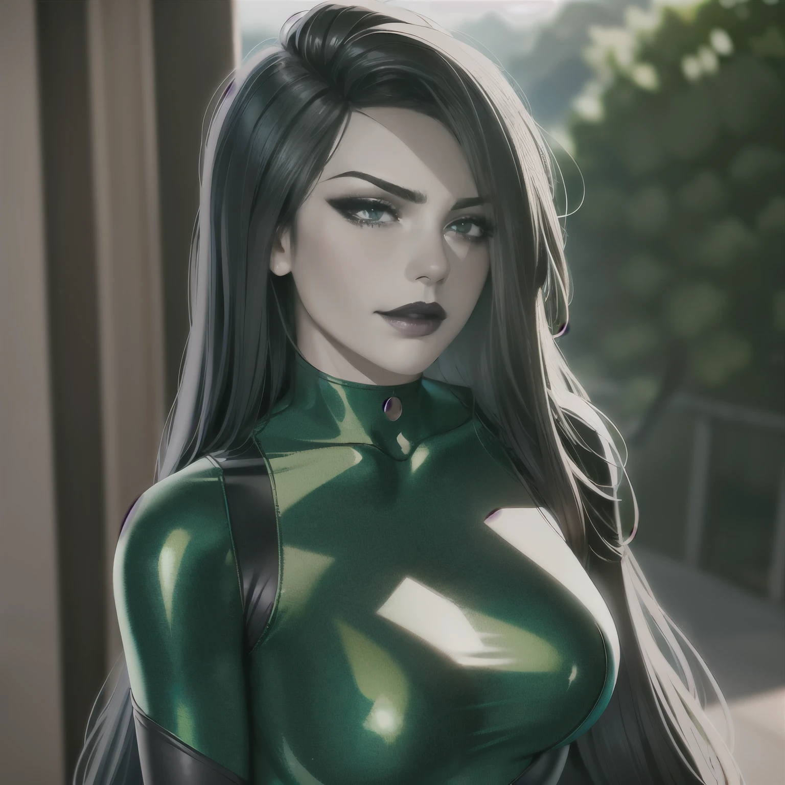 1girl, portrait of beautiful shegolady, green and black bodysuit, sexy smirk, blush, black lips, outdoors, volumetric lighting, best quality, masterpiece, intricate details, tonemapping, sharp focus, hyper detailed, trending on Artstation, realistic