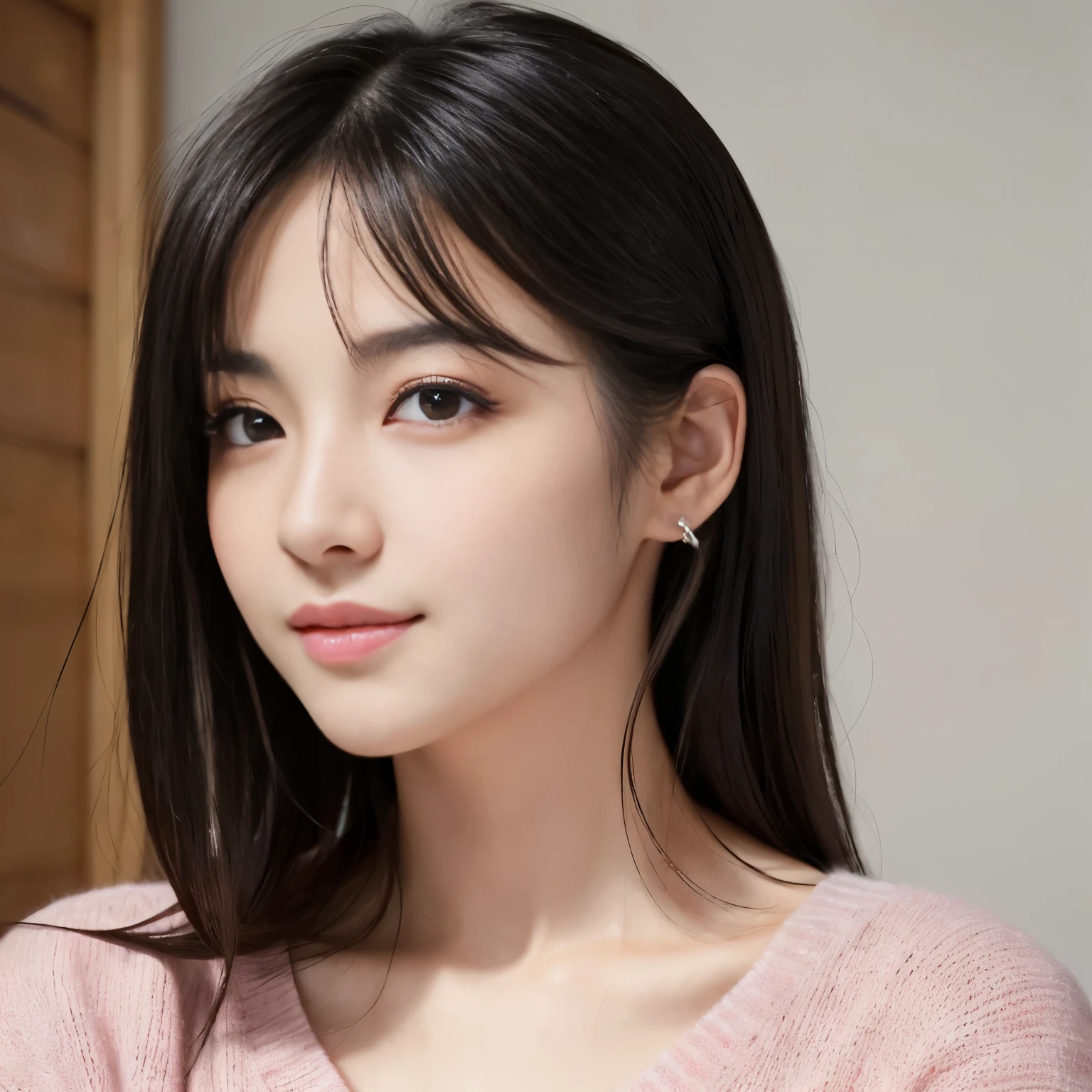 ((Best-quality, Masterpiece, Ultra-High-Resolution, (Photorealistic:1.9), Raw-Photo, Extremely-Details, Perfect-Anatomy)), 1girl, 25-years-old, the most popular Japanese idol, close-up of face, twinkle-smile, (((((extremely cute face like a most famous Japanese idol, extremely beautiful extremely big-black-eyes, extremely beautiful hair))))), extremely beautiful lips, extremely beautiful long-eyelashes, (extremely beautiful realistic-skins), wearing only light-pink loose-sweater