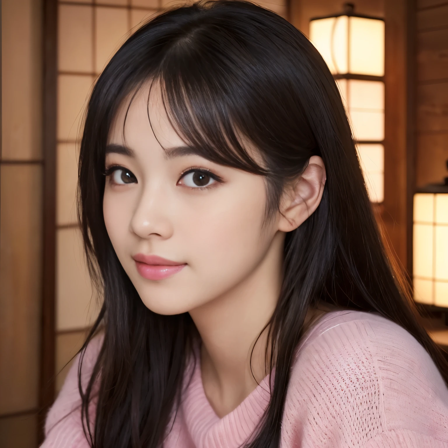((Best-quality, Masterpiece, Ultra-High-Resolution, (Photorealistic:1.9), Raw-Photo, Extremely-Details, Perfect-Anatomy)), 1girl, 25-years-old, the most popular Japanese idol, close-up of face, twinkle-smile, (((((extremely cute face like a most famous Japanese idol, extremely beautiful extremely big-black-eyes, extremely beautiful hair))))), extremely beautiful lips, extremely beautiful long-eyelashes, (extremely beautiful realistic-skins), wearing only light-pink loose-sweater