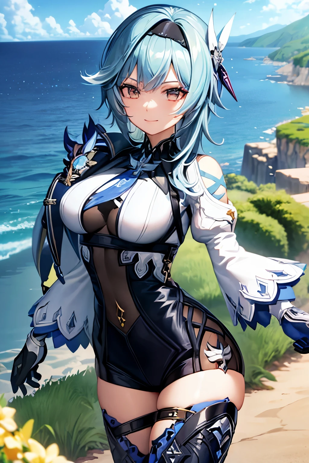 ((masterpiece)),(best quality),official art,extremely detailed CG,unity 8k wallpaper,ultra detailed,A lighthouse on a cliff by the sea,1girl,solo,cowboy shot,looking at viewer,blue_hair,blue_necktie,hair_ornament,bangs,smile,long_sleeves,black_hairband,black_leotard,black_thighhighs,medium_breasts,purple_eyes,feathers,medium_hair,cape,thigh_boots,black_gloves,