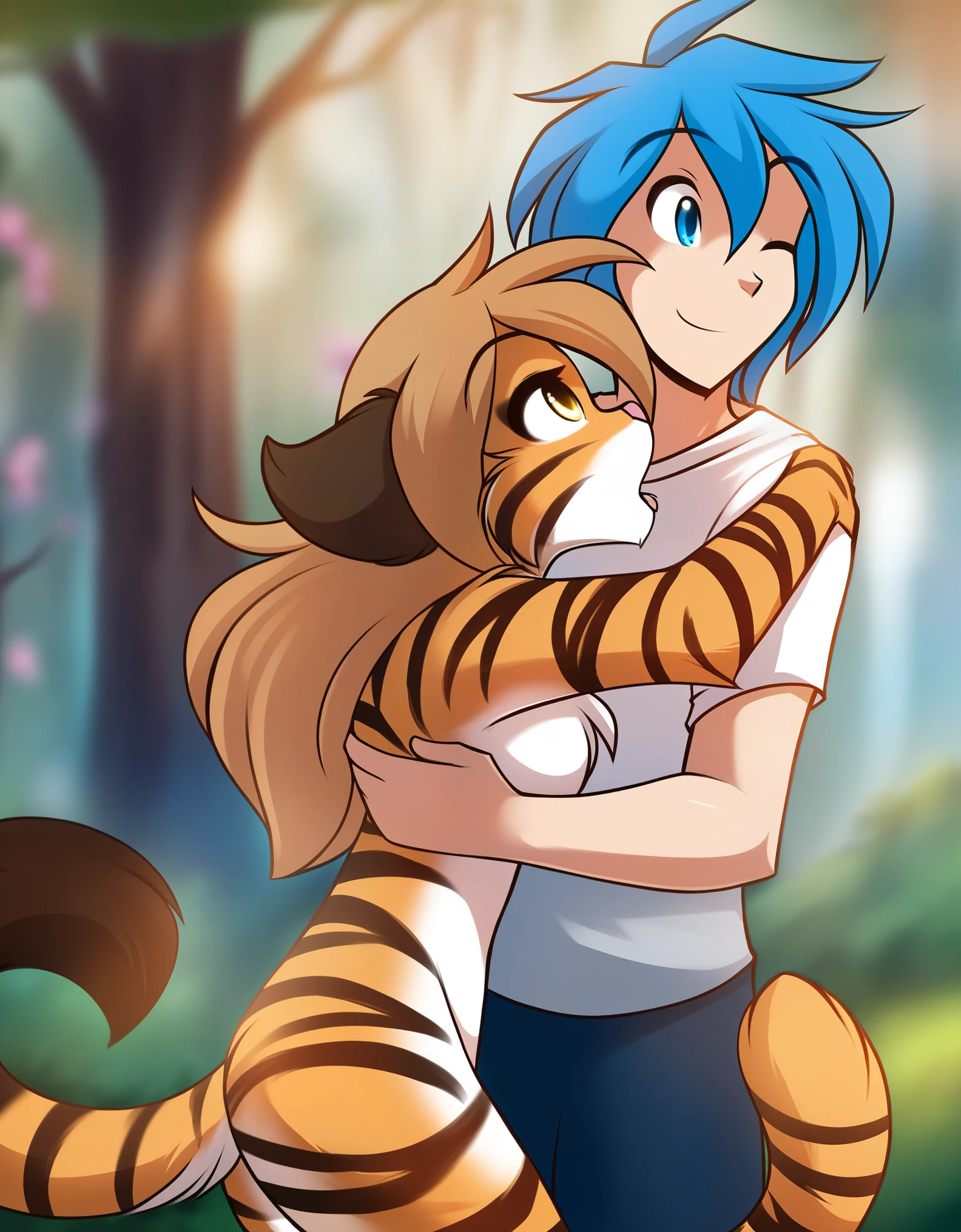 score_9, score_8_up, score_7_up, score_6_up, twokinds, by tom_fischbach,, dual, (felid mammal pantherine tiger flora_(twokinds) female yellow eyes),, (trace-legacy human male human blue eyes blue hair),, (best quality, masterpiece:1), portrait, (outdoors dark forest trees blurry blurred background:1.1),, hugging, kissing, clothes, shirt,