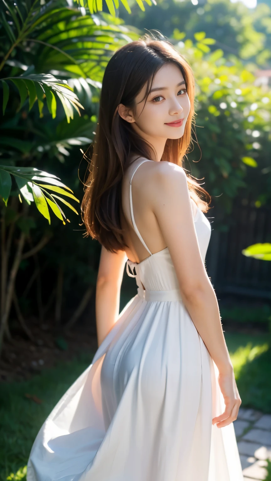 [[masterpiece,super high quality,8K quality]],(((日本people,１people,woman,Beauty))),((seven-headed body,small butt,slender body,beautiful eyes,beautiful skin,slender and beautiful limbs)),(light brown hair,straight hair,medium hair,hair dancing in the wind)),((wearing a lavender-colored long dress,The wind blows gently,I feel the wind with my whole body)),(smile brightly like a goddess,looking at me),light and shadow of reality,green grassland,the sun shines through the leaves