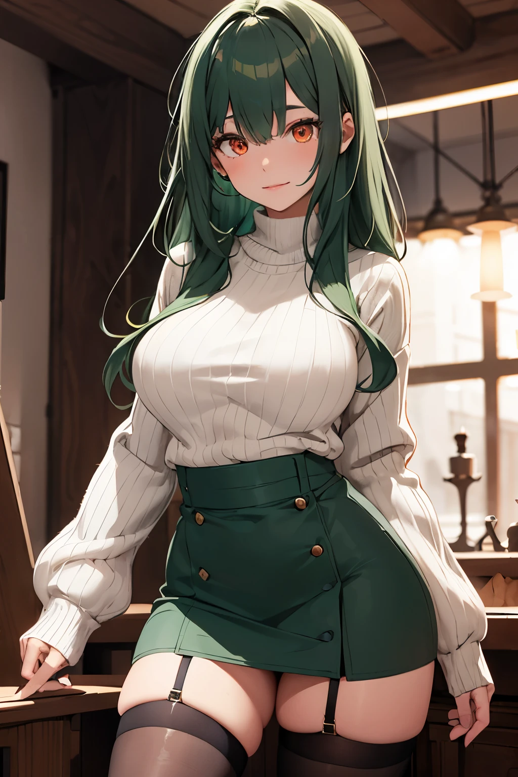 Long dark green hair. White long-sleeved sweater with no pattern. Brown skirt with vertical pattern. Reddish orange eyes. Black stockings on legs. Big breasts.