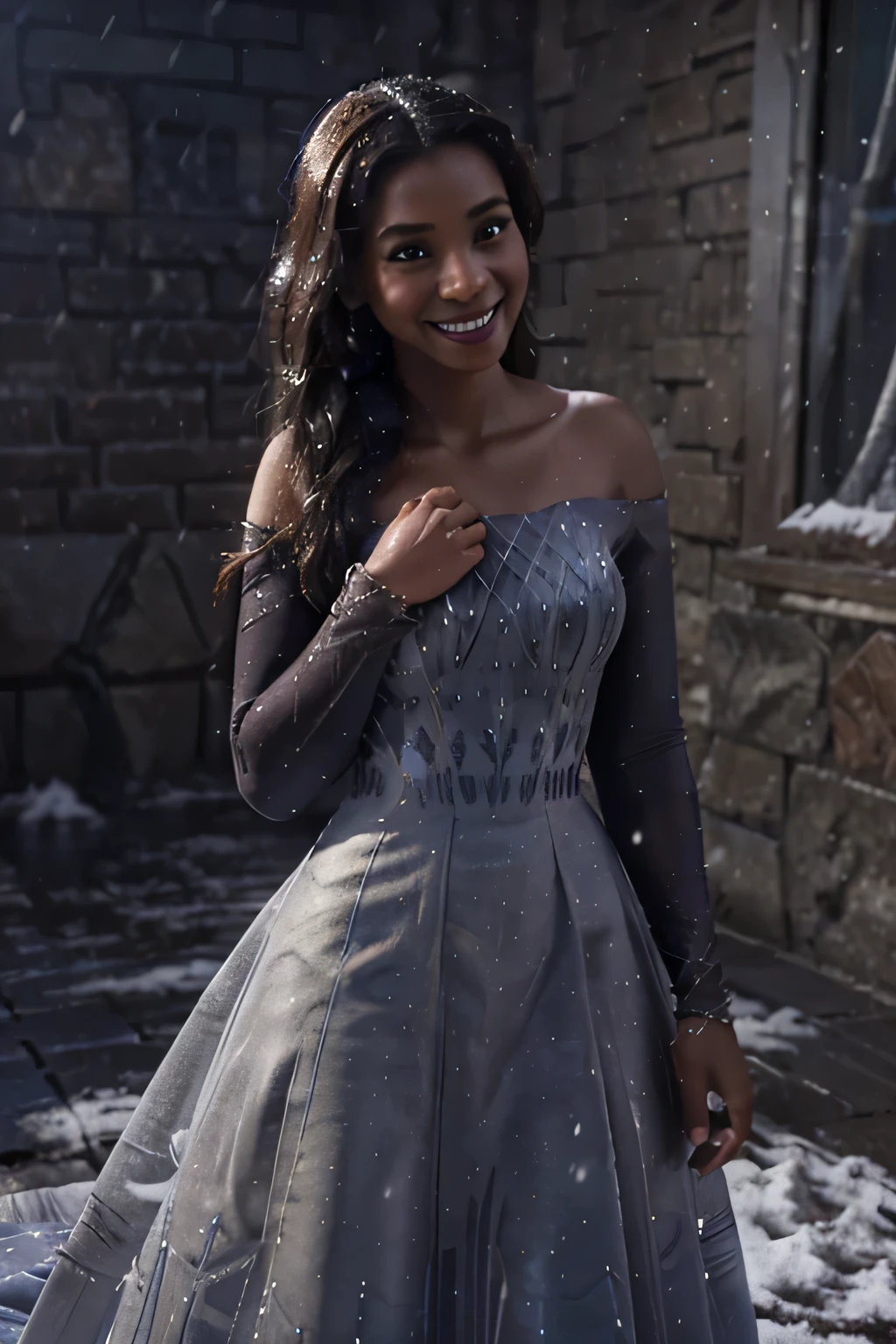 dark brown skin:2, smiling, high detail, cinematic light, snowing, Elsa dress, (masterpiece)