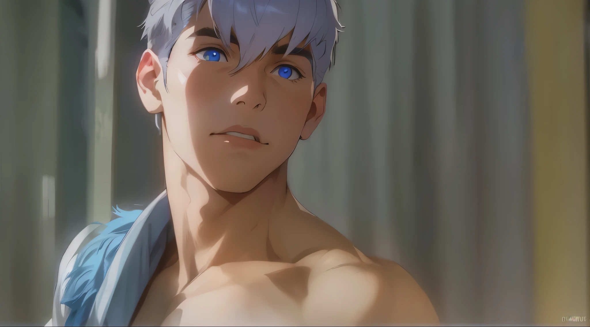 Male, shirtless, pov, bedroom, heavy breathing, white hair, blue eyes, nsfw, dominating, on top, sweating, licking lips