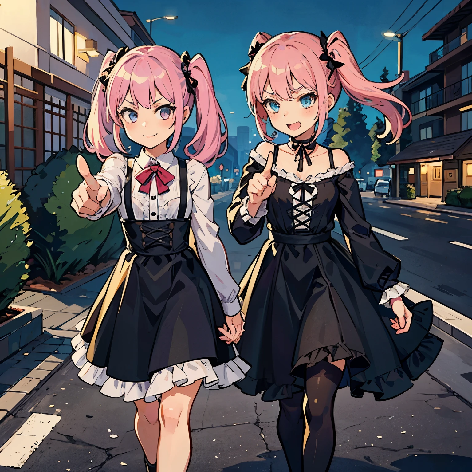 Girl with pink hair, long twin-tail hairstyle, small bushy eyebrows, wearing gothic lolita clothing, lolicon (Zankuro) drawing style by zankuro artist, Zancrow style, image uploaded to R34, walking to school, flirty smile, suddenly having sex in public, pointing to a motel