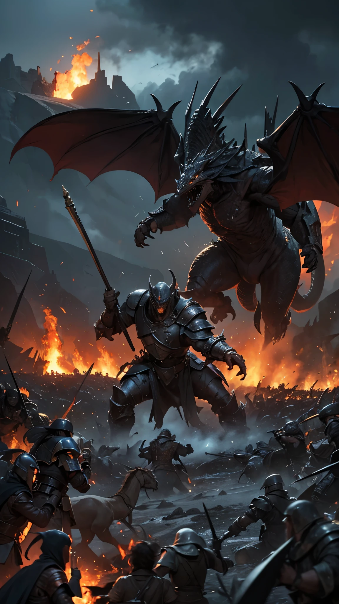 a oil painting of a epic battle for the fate of the world, two armies clash on a dead land, two armies charging against each other, black vs white, high view, dark landscape, dark clouds, full armored man, a army of monsters, trols, dragons, orcs, wargs, noble flags, 8k, uhd, gorgeous colors, a chaotic scene unfolds, fire and torchs burn, a smoke,