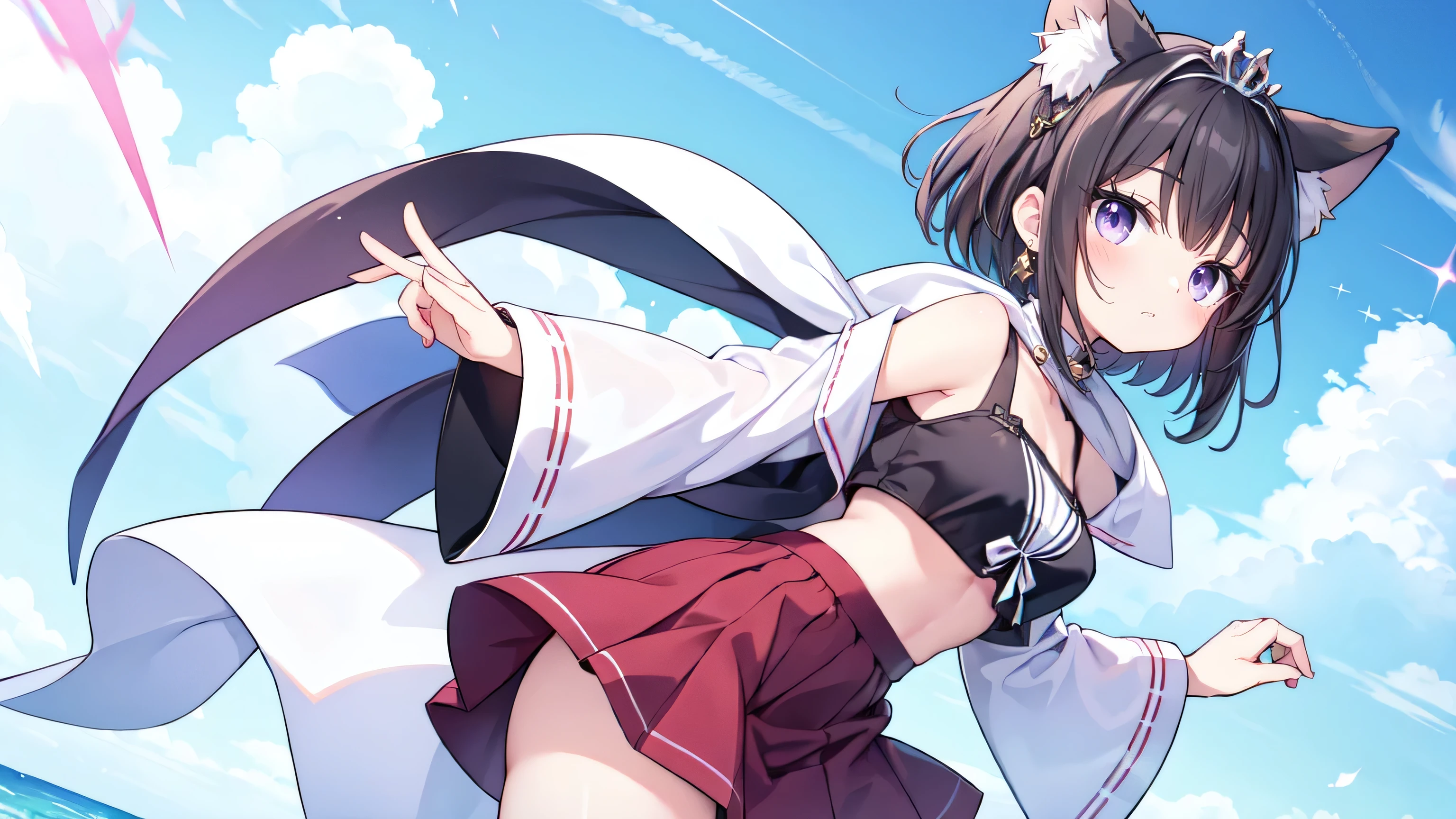 ((masterpiece,highest quality)), Confused, Kitasan_black_umamusume,   Animal ears, short hair, Striped Hair, hair ornaments, Medium chest, Horse tail, Wearing a tight maid outfit,  alone, Laughing with your mouth open, Cowboy Shot,White mini skirt, (panties),Butt, Racecourse, Sprinting around the track, Speed, An angle that captures the whole body