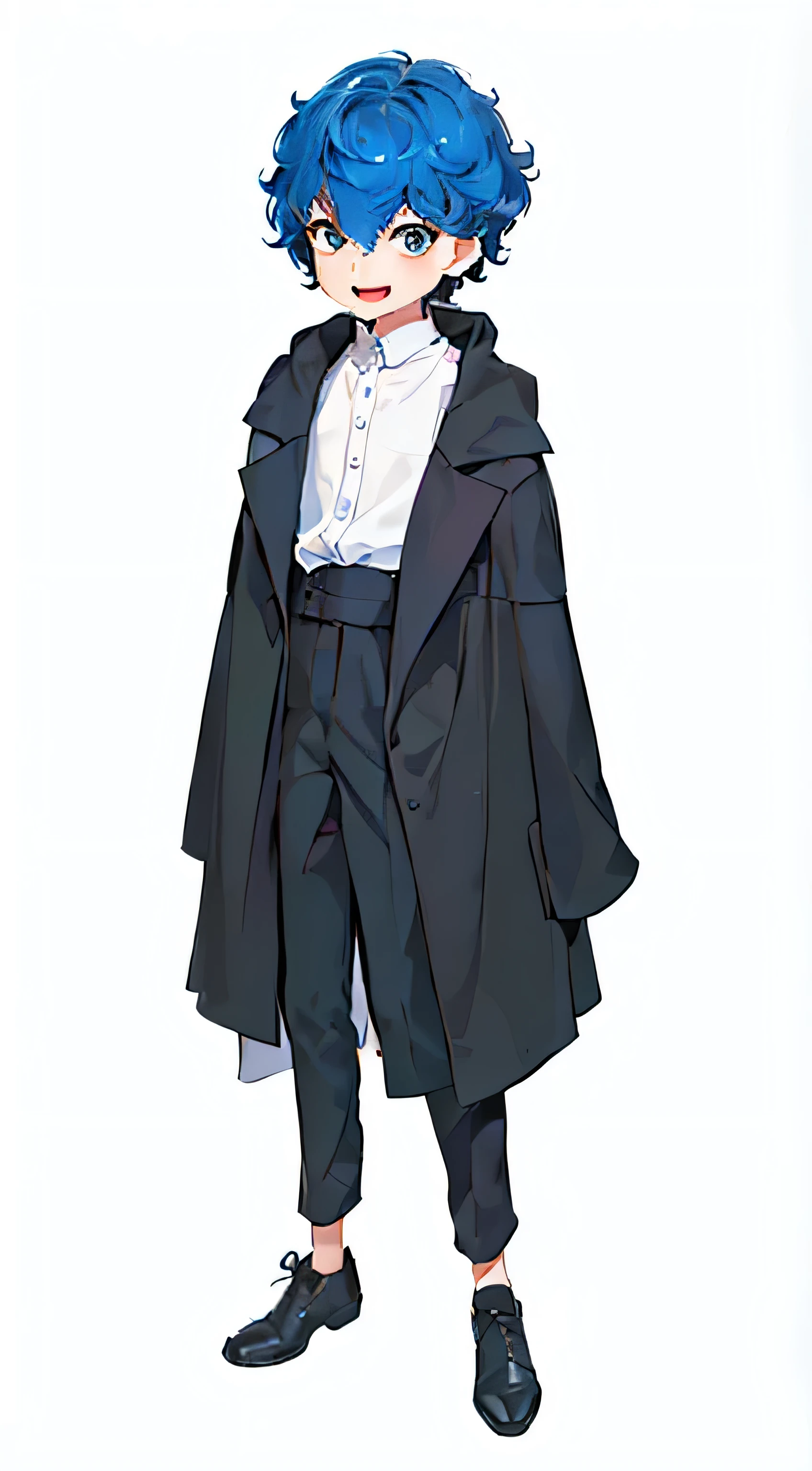 high-resolution, top quality, BestQuality:1.3, ultra detailed 4k cg, ultra detailed 8k cg, lighting forward, ((dark lower eyeshadow)), (blue short hair:1.4), (:2), A long black suit jacket over a white shirt, (no background), (baggy clothes:1.2), grin, fang, (tired hair:1.5), open mouth, (smile:1.2), (cute:1.2), Suit bottoms, (no background:2.0), chibi, (walk with a books:1.4), (look directly to the side:1.4), (solo:2.0), (from side:2.0)