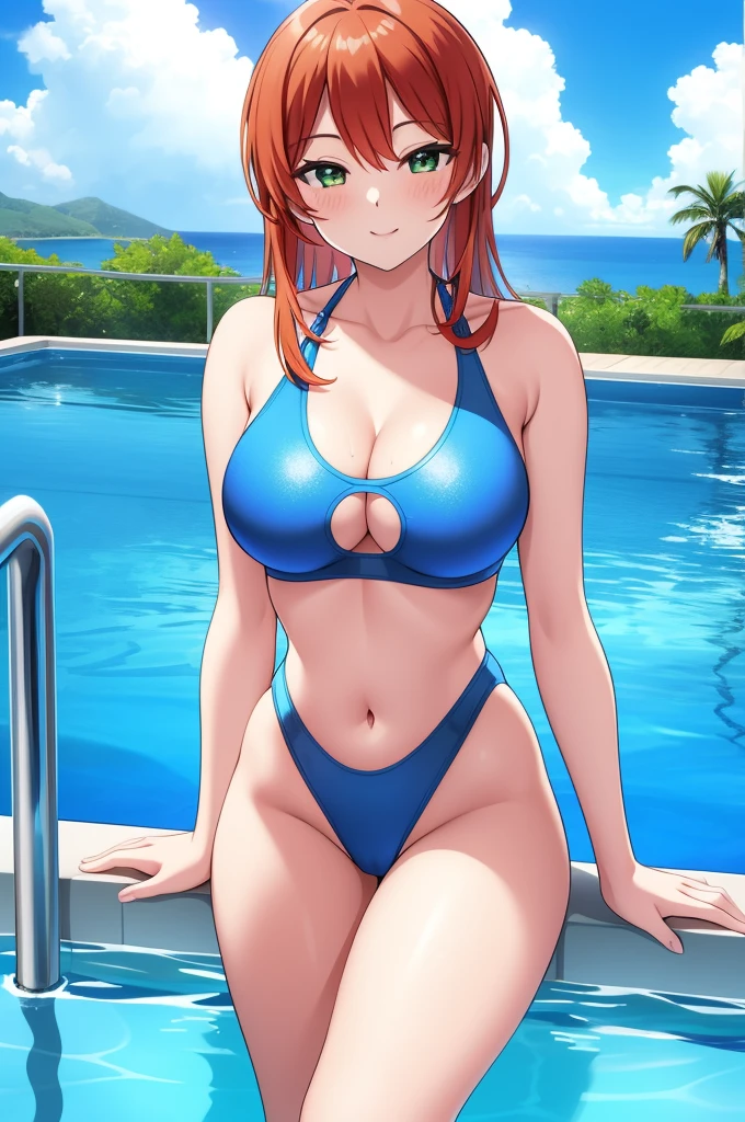 nogiwa_miho, masterpiece, best quality, a beautiful sexy mature woman is posing in her swimsuit by the pool of water, 1girl, sexy swimsuit, breasts, solo, outdoors, large breasts, navel, thong swimsuit bottom, pool, smile, high leg, multiple cutout, red and blue lined one-piece swimsuit, wet, looking at viewer, bangs, water, collarbone, sky, thigh gap, camel toe, day, cleavage, blue sky,