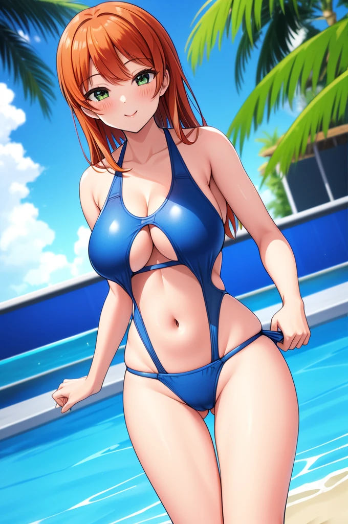 nogiwa_miho, masterpiece, best quality, a beautiful sexy mature woman is posing in her swimsuit by the pool of water, 1girl, sexy swimsuit, breasts, solo, outdoors, large breasts, navel, thong swimsuit bottom, pool, smile, high leg, multiple cutout, red and blue lined one-piece swimsuit, wet, looking at viewer, bangs, water, collarbone, sky, thigh gap, camel toe, day, cleavage, blue sky,