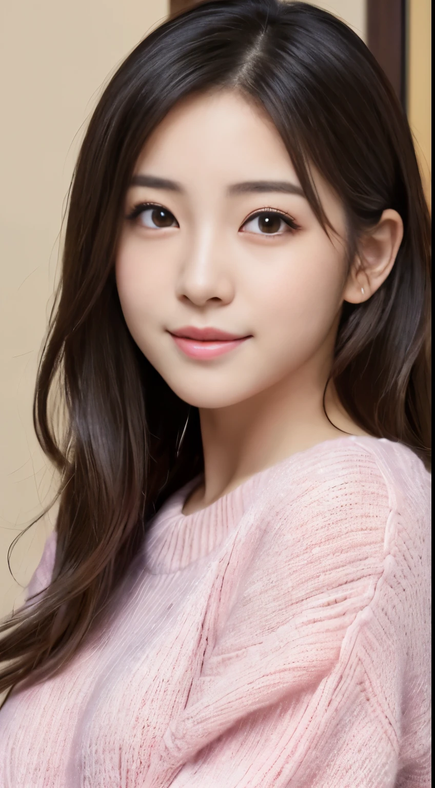 ((Best-quality, Masterpiece, Ultra-High-Resolution, (Photorealistic:1.9), Raw-Photo, Extremely-Details, Perfect-Anatomy)), 1girl, the most popular Japanese idol, extremely close-up of face, twinkle-smile, (((((extremely cute and extremely childish face like a most famous Japanese idol, extremely beautiful and extremely big black-eyes, extremely beautiful hair))))), extremely beautiful lips, extremely beautiful long-eyelashes, (extremely beautiful realistic-skins), wearing only light-pink loose-sweater