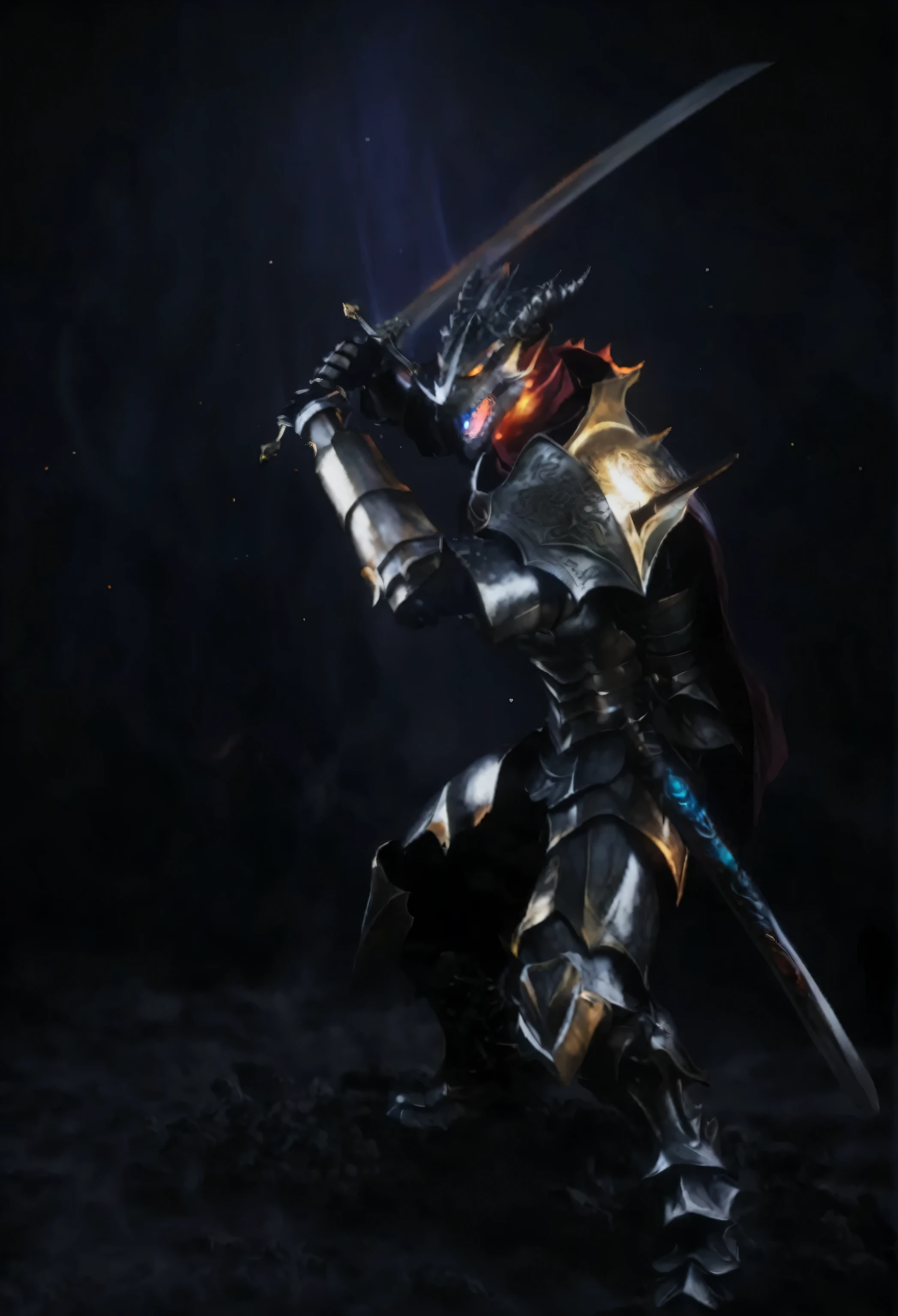 (Dragon knight:1.8), (holding glowing sword with hands:1.5), (swinging sword diagonally:1.3), (focused expression:1.1), (determined stance:1.1), (rippling muscles:1.2), (dust kicked up:1.0), (crimson cloak billowing:1.1), (fiery aura:1.2), (ancient battlefield:1.1), (dragon emblem:1.1), (echoing battle cry:1.3), (slicing through darkness:1.2), (power unleashed:1.1), (legend in motion:1.1)