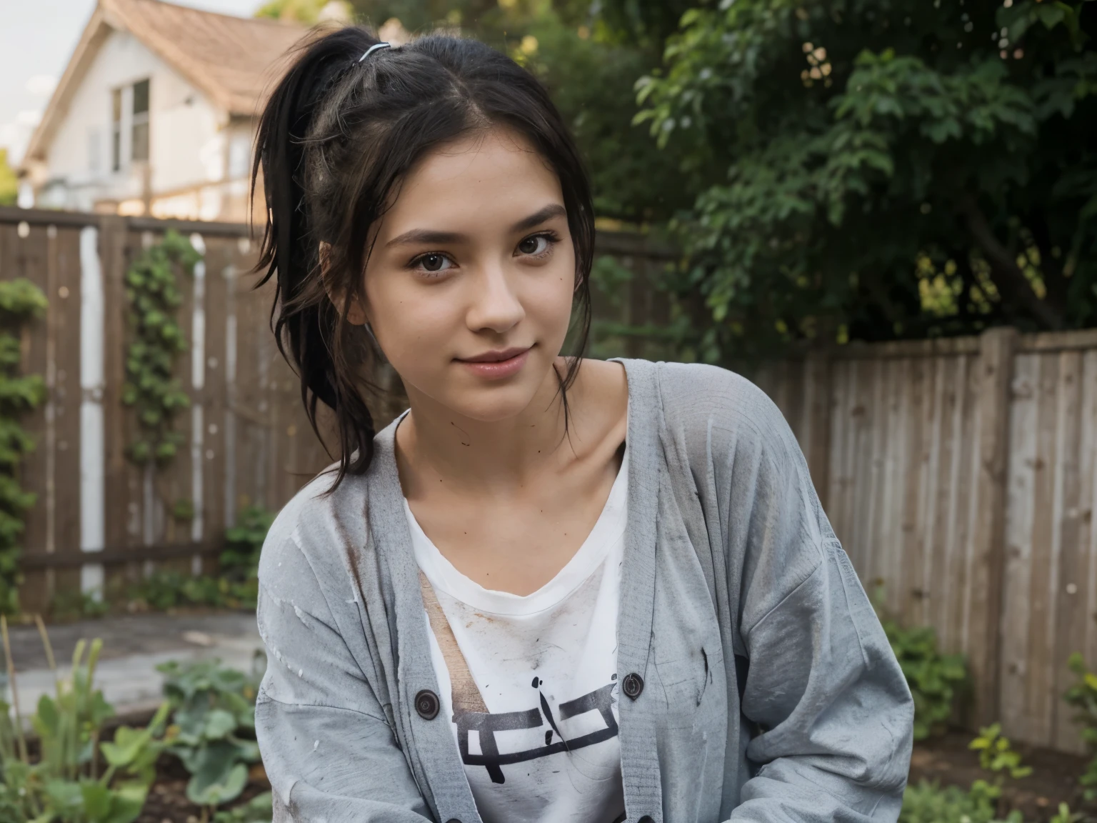 1girl, solo ,masterpiece, best_quality, photoshoot, looking at camera, young adult , happy expression, (porcelain skin), brown eyes, (black hair), (messy hair in ponytail), black cardigan, baggy tshirt, black sweatpants, white skin,garden background, leaning
